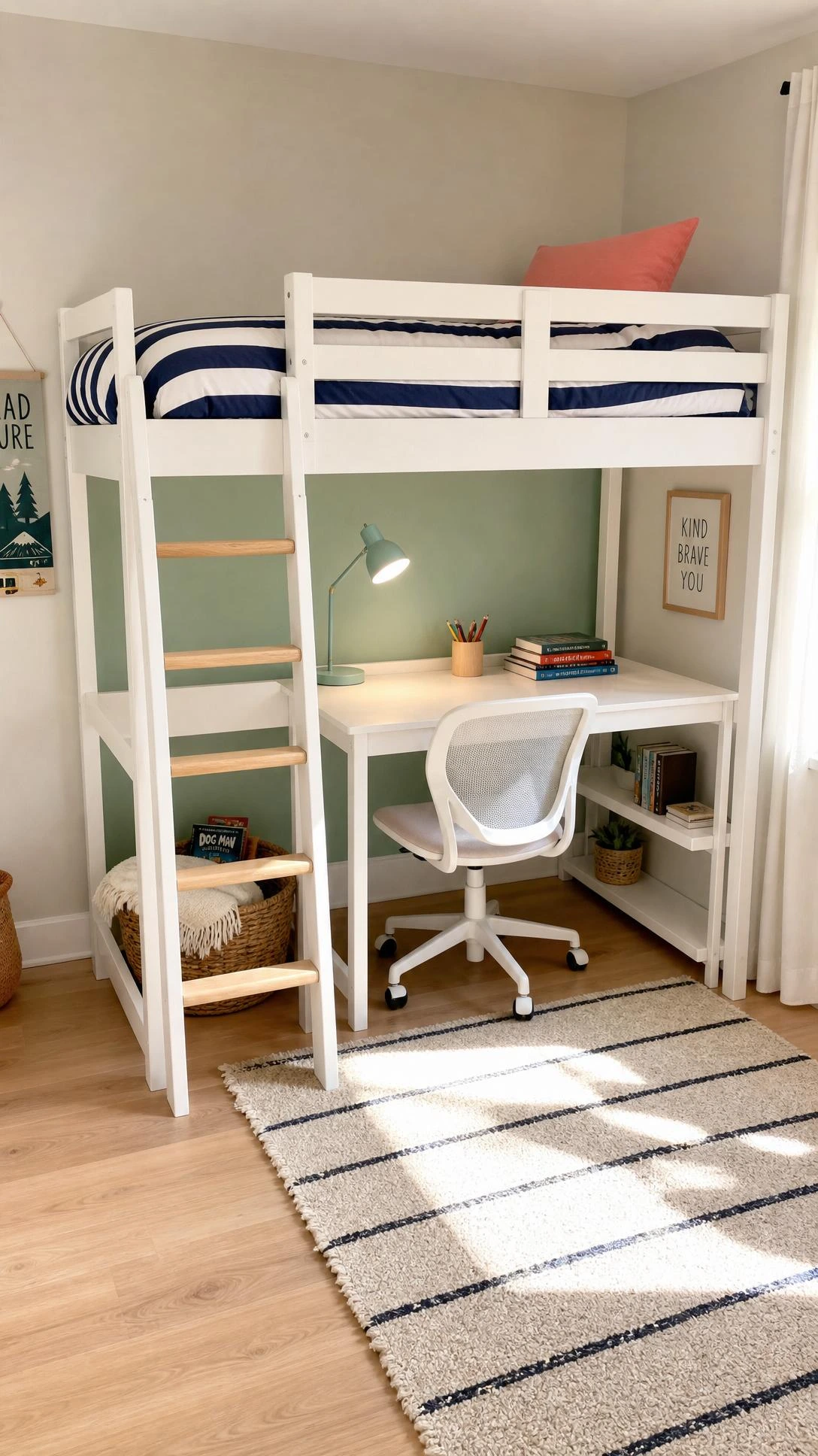 White wooden loft bed with built-in desk underneath in a small kids bedroom, showing a glowing teal lamp, stacked books, and a pencil cup with colored pencils