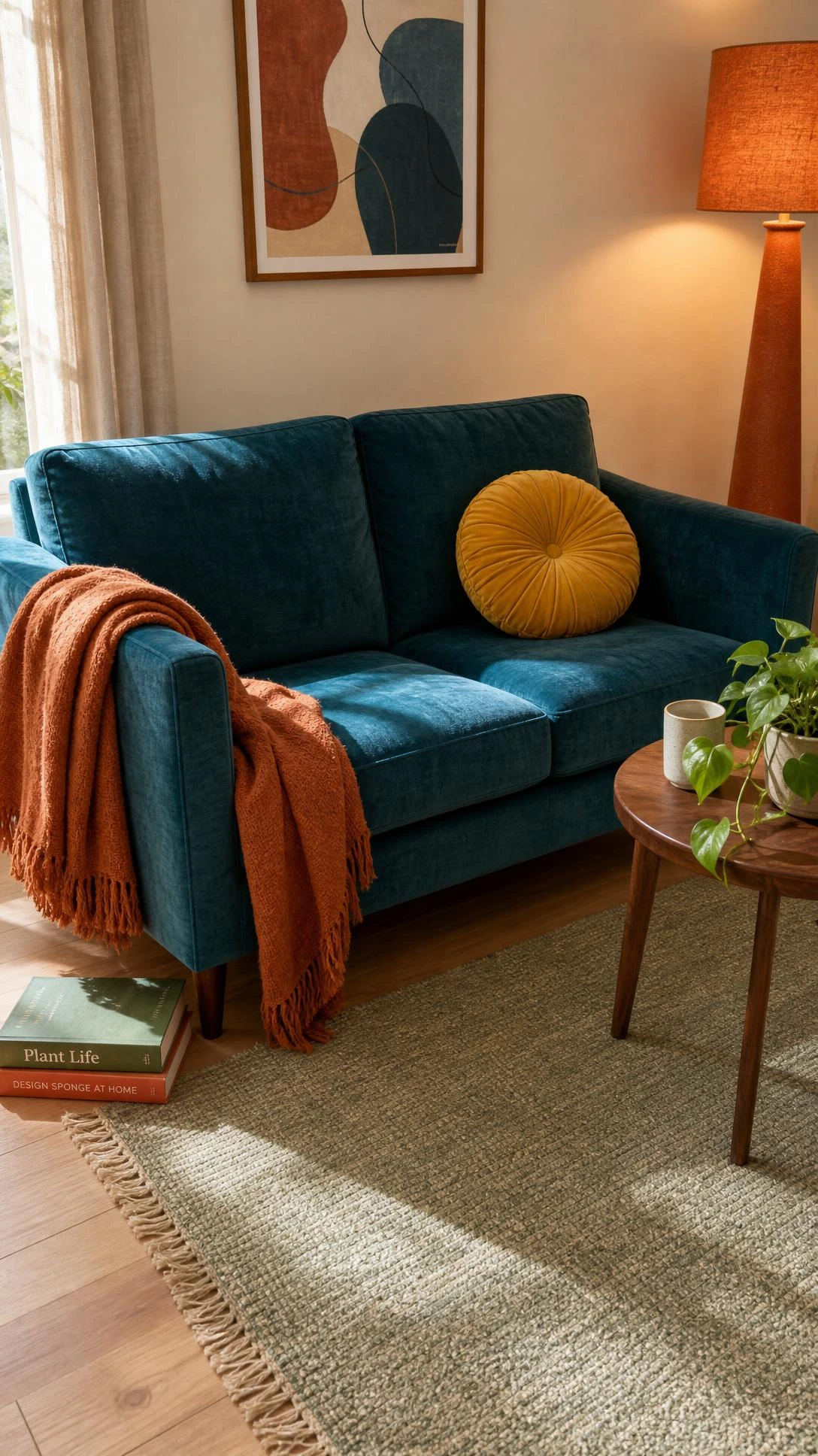 Deep teal velvet loveseat styled with a rust-orange linen throw in a compact living room corner, proving a two-seat sofa can anchor a small space beautifully