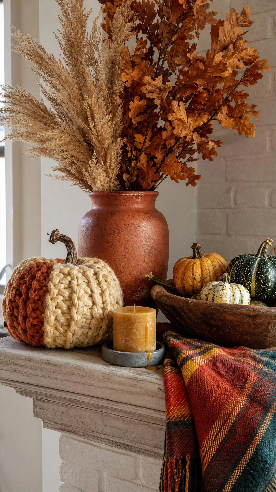 Styled fall mantel vignette featuring chunky knit cream pumpkin beside tall terracotta ceramic, showcasing layered fall textures for a cozy living room fireplace display