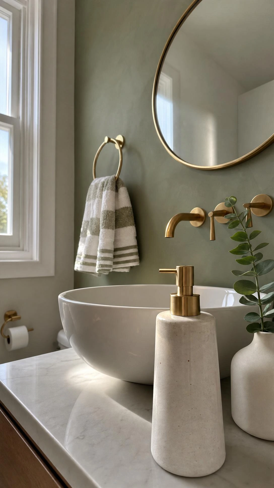 Small bathroom with brushed gold accessories — matching towel ring, toilet paper holder, and faucet handles unified in one consistent finish under soft morning light