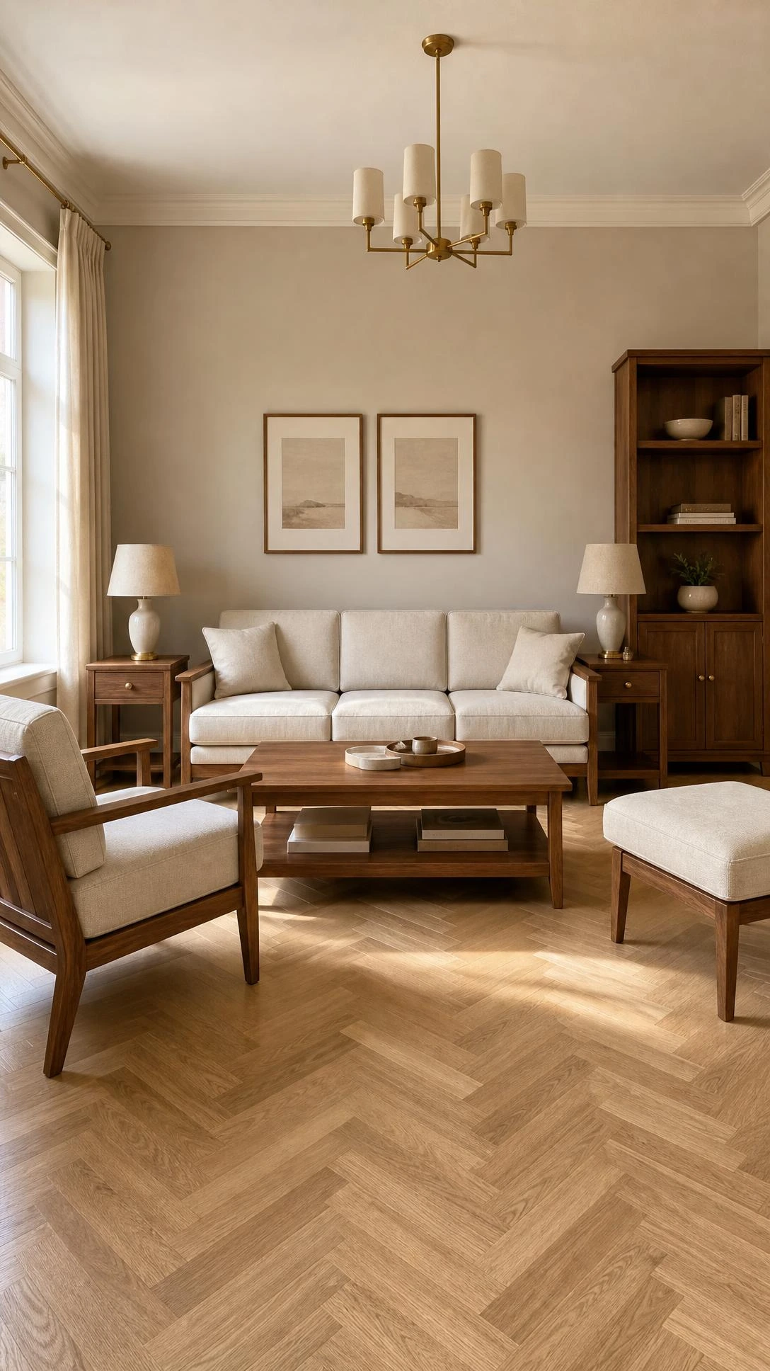 Living room where sofa, chair, coffee table, and shelving share identical walnut tones and cream upholstery, illustrating why matching all furniture finishes kills visual depth