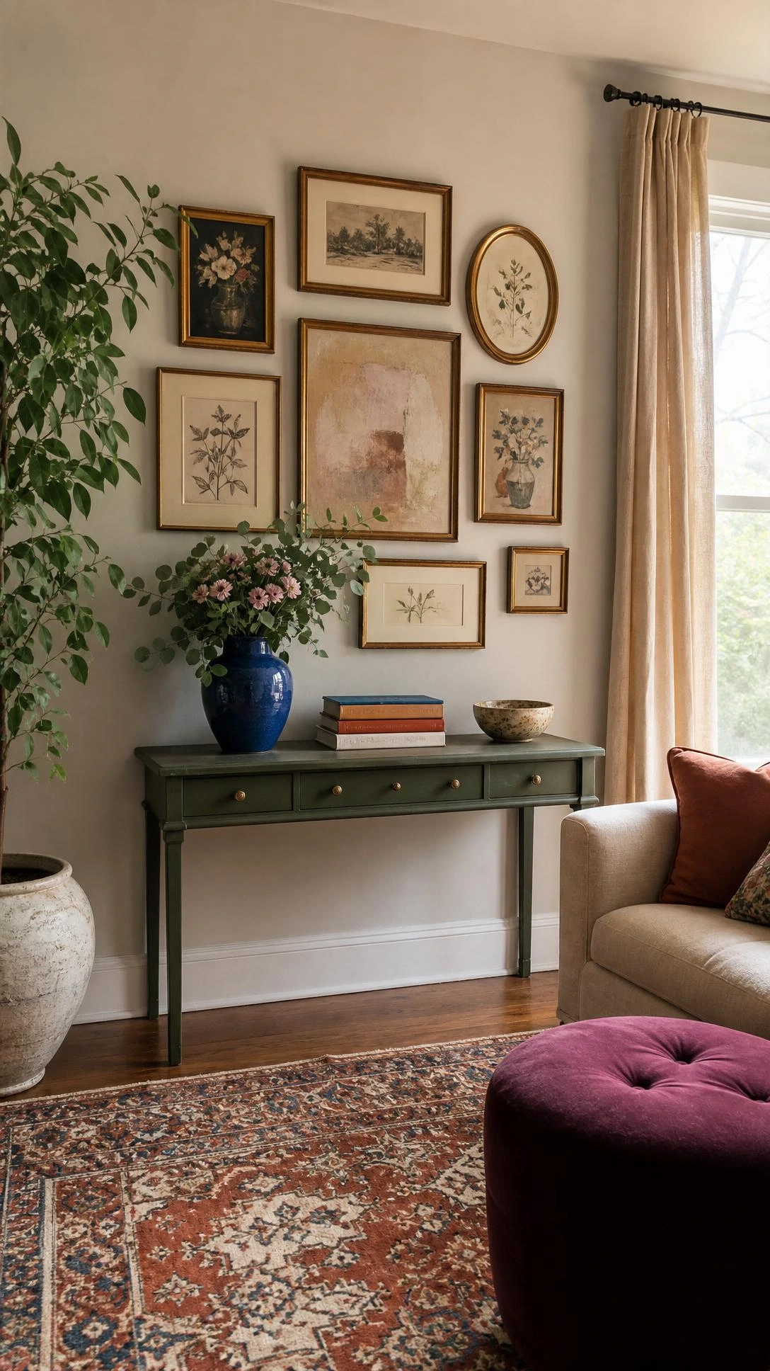 Matching thrift store frames in antique brass make a small living room corner feel polished with abstract and botanical art