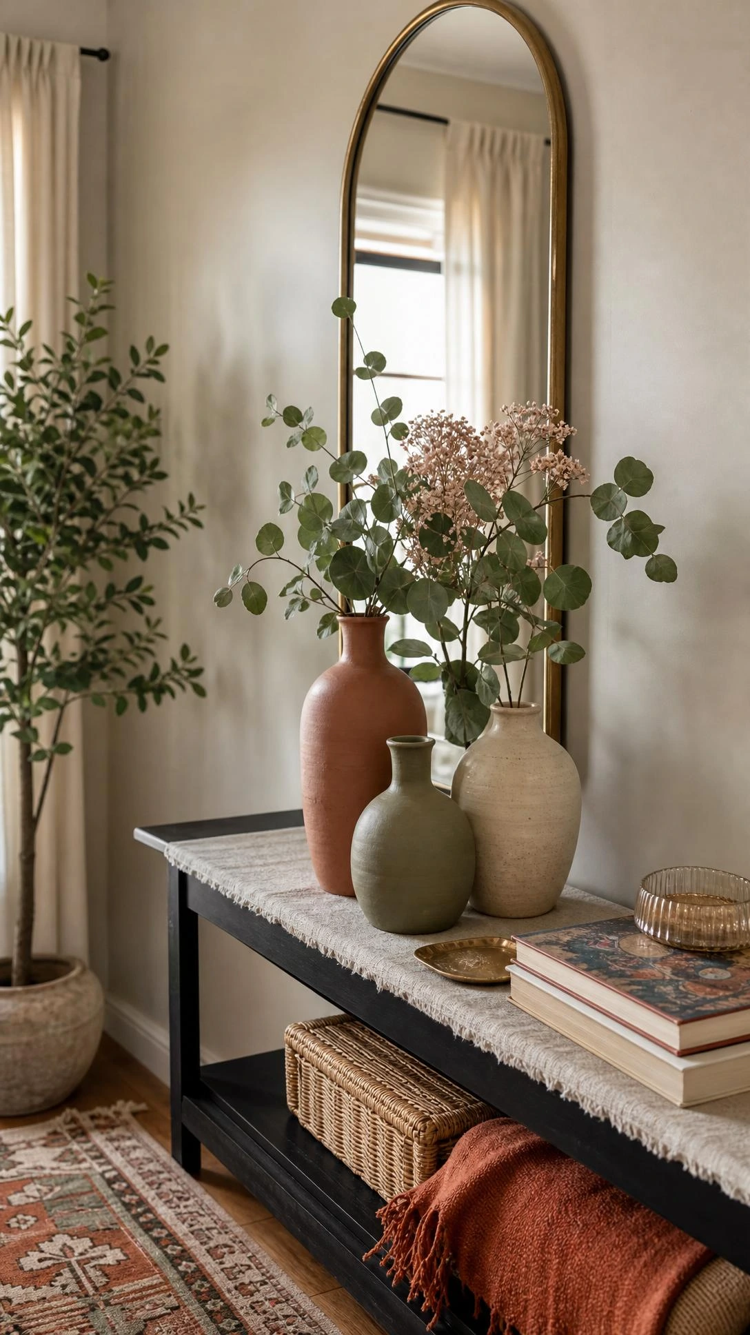 A matte ceramic vase set in terracotta, sage, and ivory on a linen runner shows affordable luxury on a slim entry console