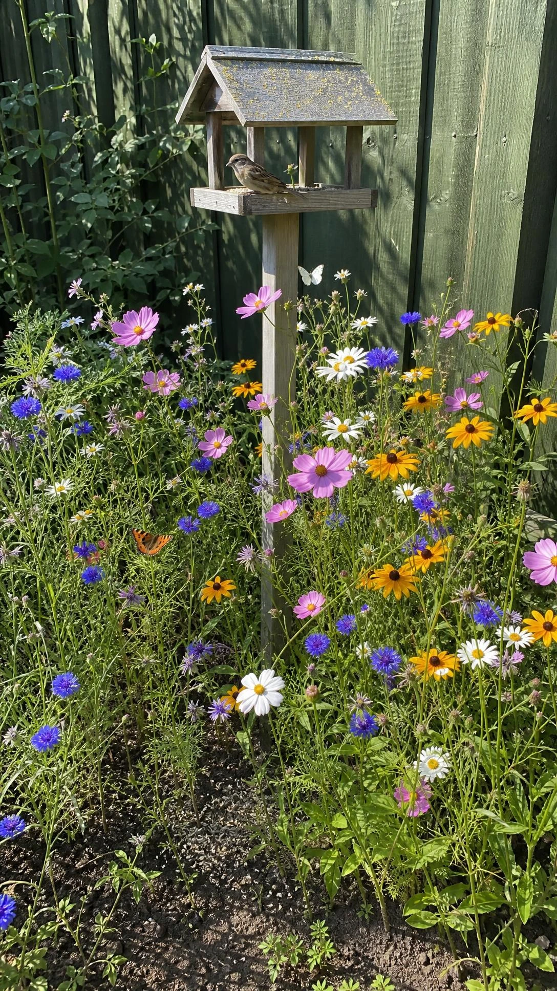 Mini wildlife garden patch with purple cornflowers, rudbeckia, ox-eye daisies, and pink cosmos growing wild against a timber fence in warm afternoon light