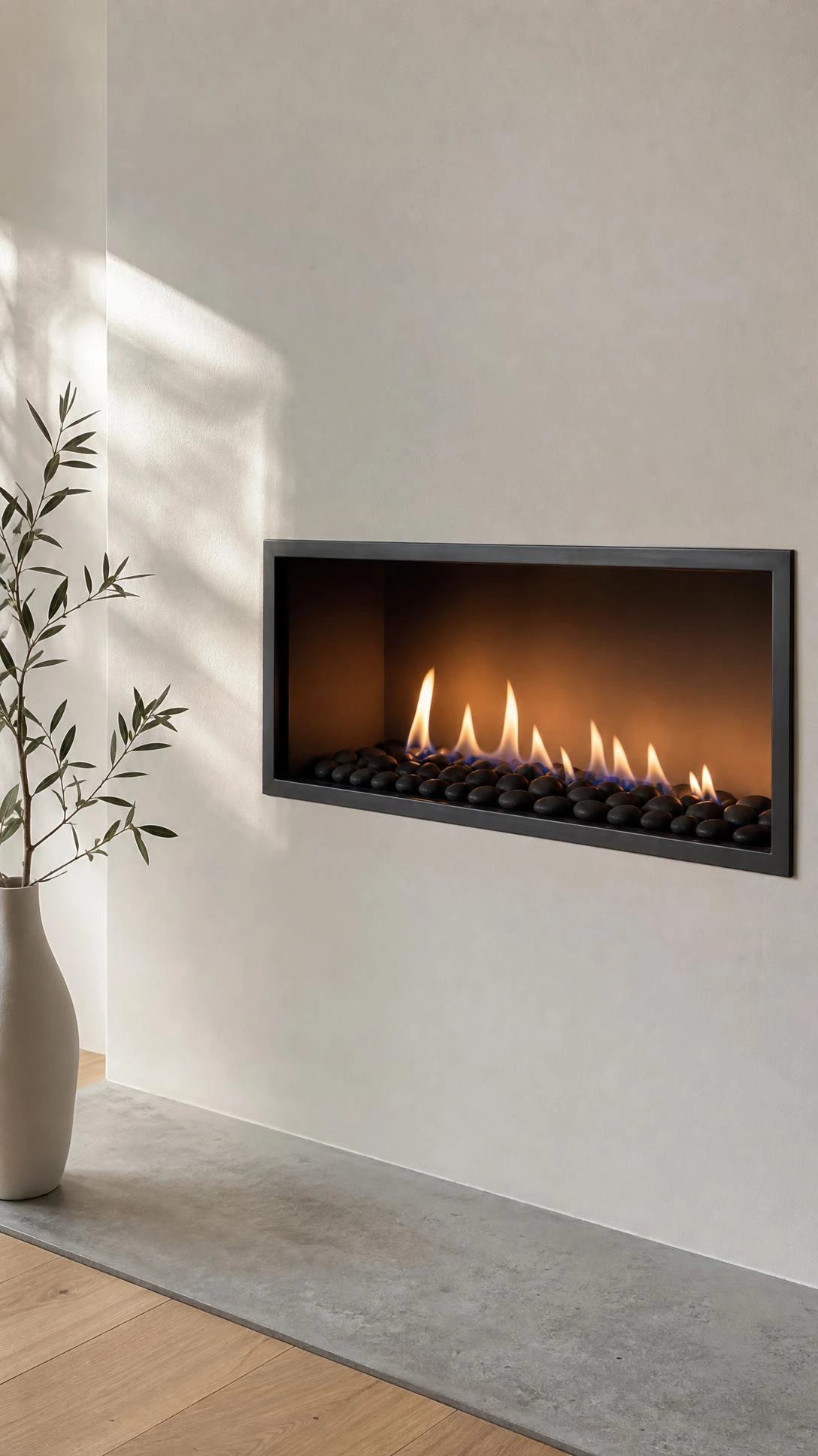 Minimalist built-in fireplace recessed flush into a matte white wall with no mantel, thin brushed charcoal frame, and pure architectural restraint in a small living room