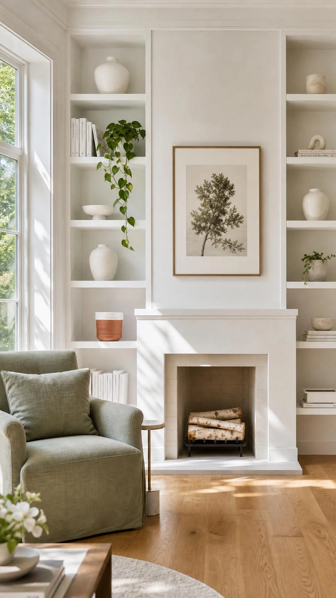 Floor-to-ceiling white built-in bookcases flank a white fireplace, creating a seamless minimalist living room with clean lines and open shelving