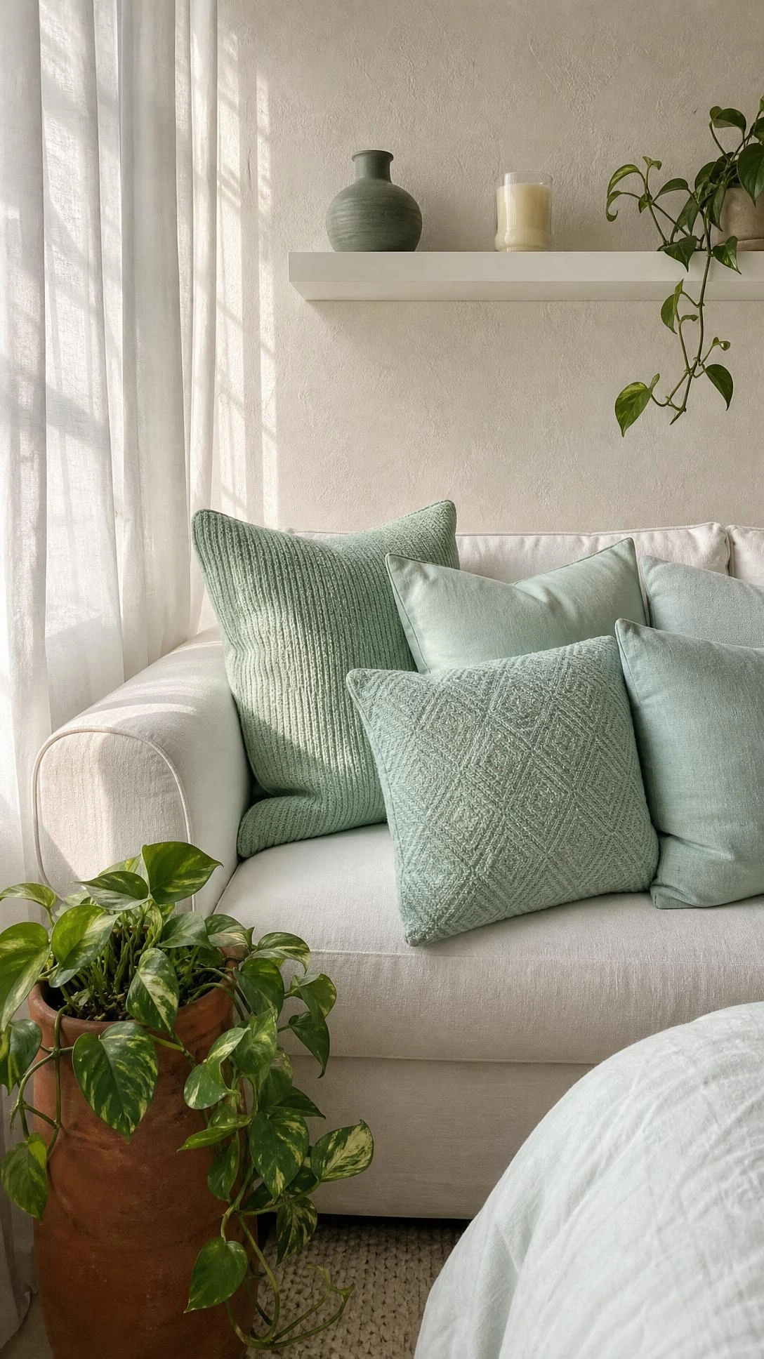 White linen sofa corner layered with mint green throw pillows in ribbed knit, cotton sateen, and diamond weave textures for a budget-friendly green aesthetic bedroom