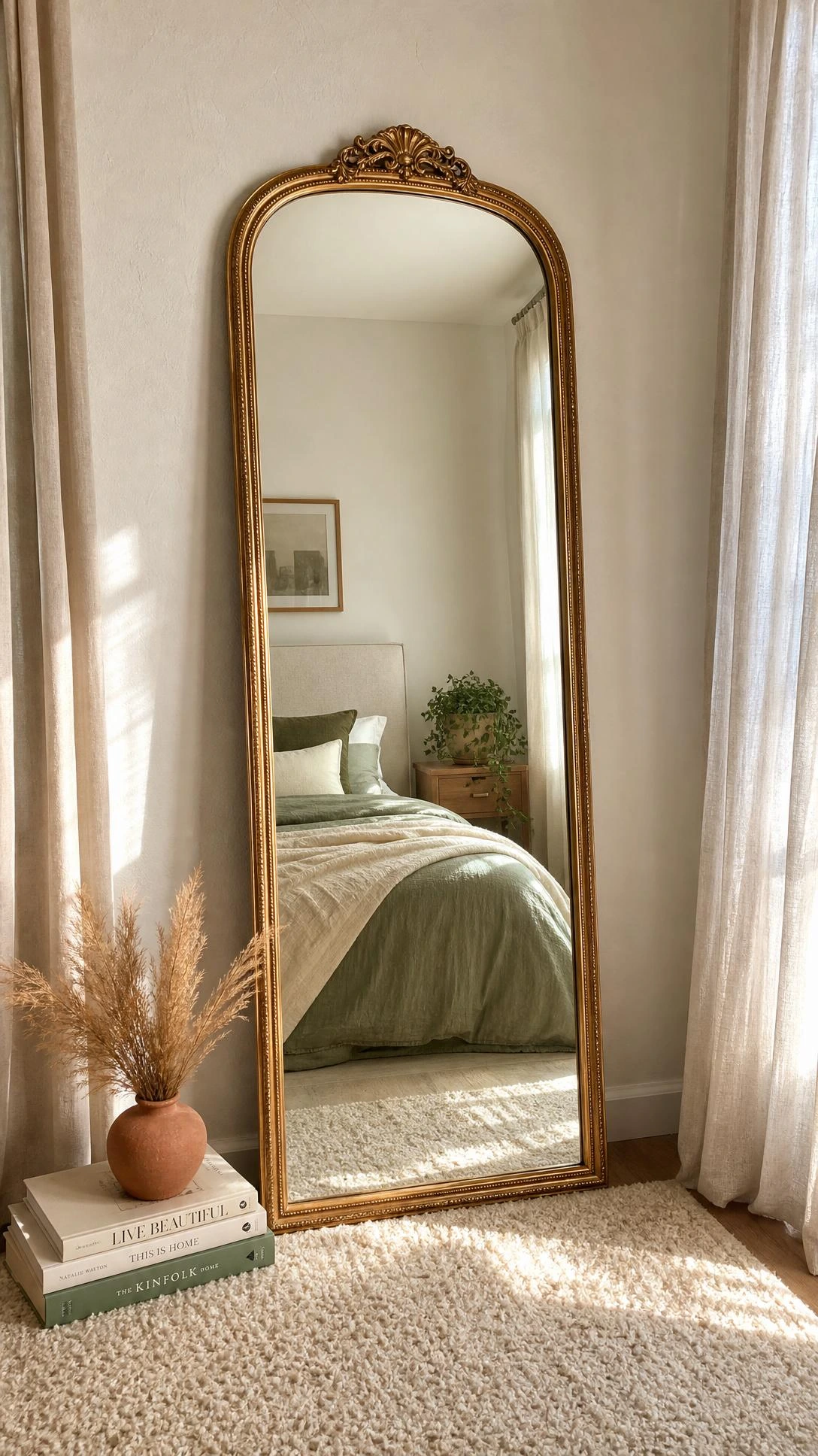 Large full-length mirror with ornate brushed gold frame leaning against a white bedroom wall, reflecting sage green linen bedding and trailing ivy to visually expand the space