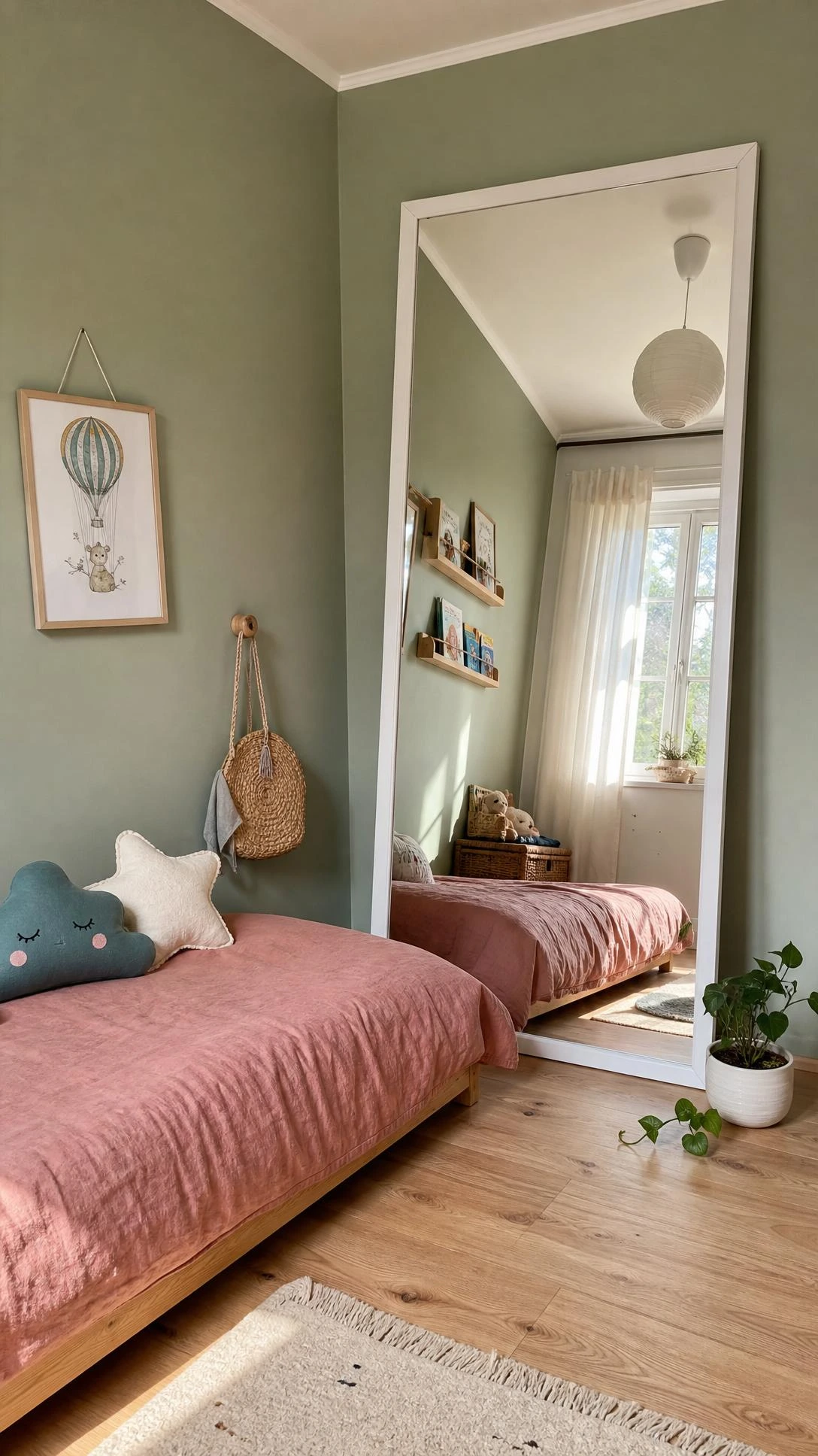 A large floor-to-ceiling leaning mirror with a slim white frame against a sage-green wall, reflecting natural window light to visually expand a small kids bedroom