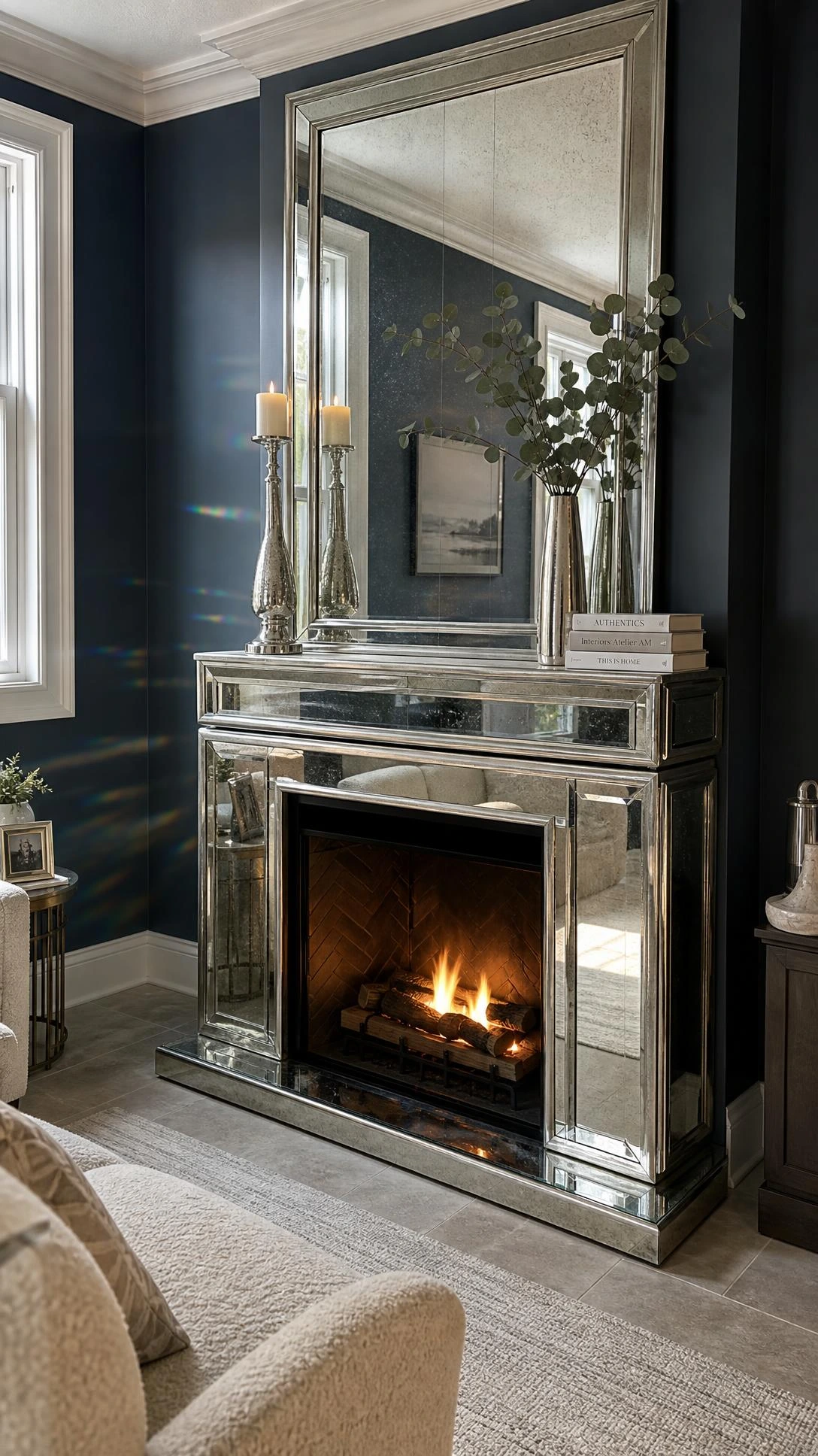 Beveled mirror fireplace surround with brushed silver trim reflecting candlelight in a compact living room corner, proving small spaces can still feel glamorous