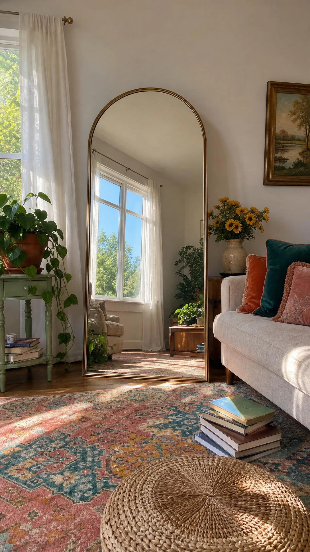 Thrifted arched brass mirror opposite a sunny curtained window, reflecting sky and greenery for mirrors opposite windows refresh