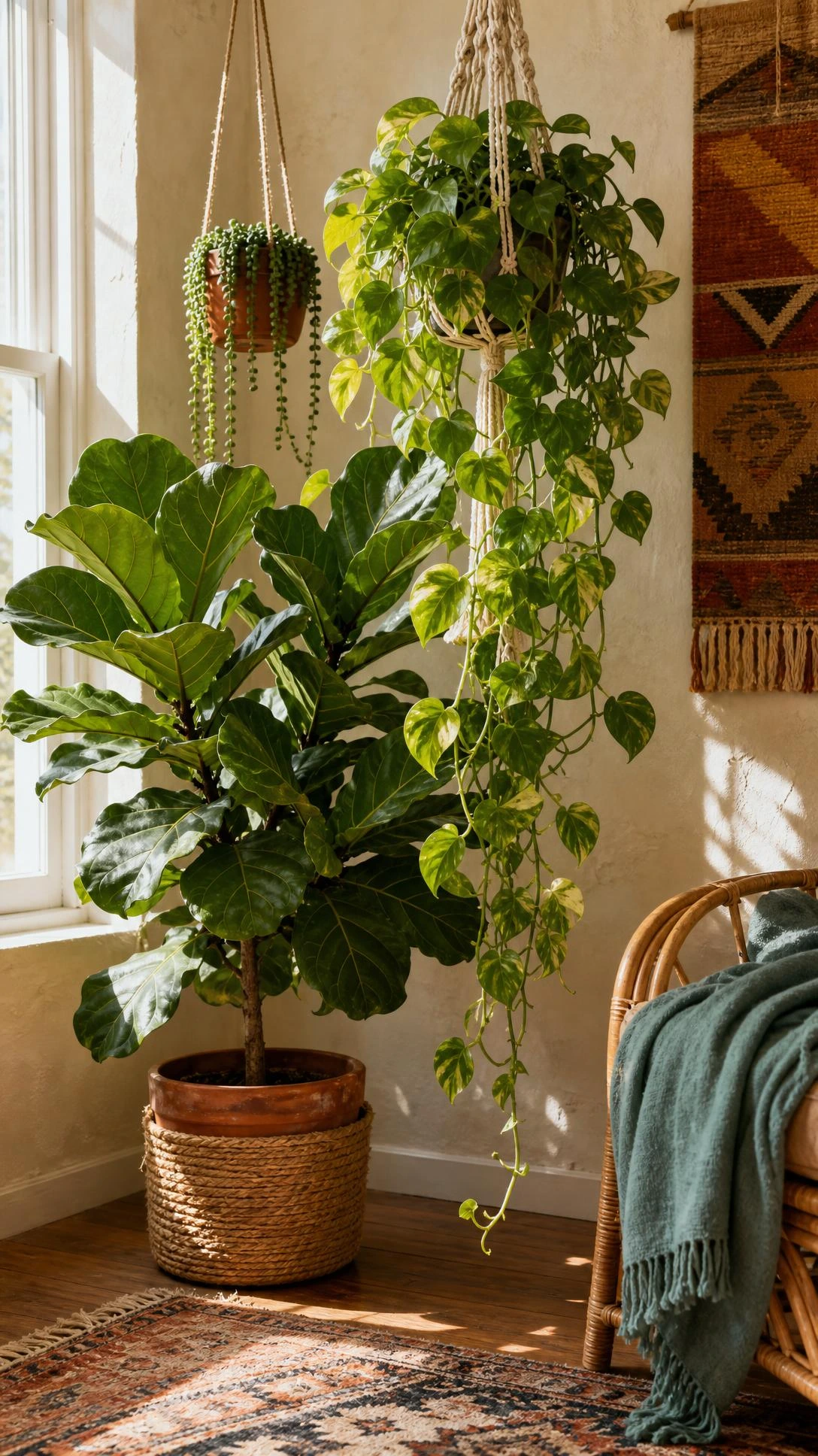 Fiddle-leaf fig in jute-wrapped terracotta pot paired with hanging plants in a sun-drenched boho living room corner, showing how layering floor and hanging plants creates depth
