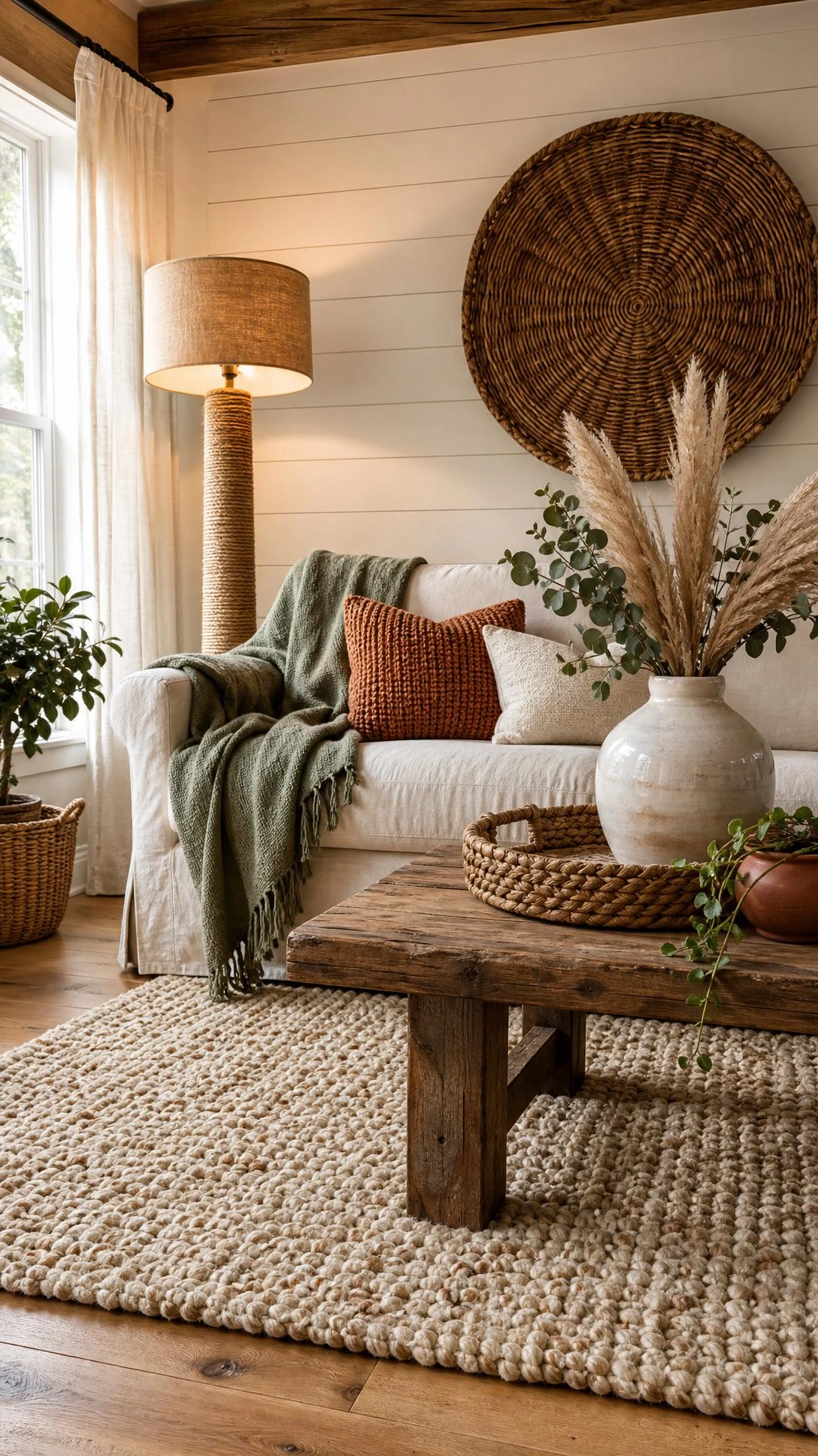 Farmhouse living room layered with natural textures including chunky ivory wool rug, wide-plank floors, and warm ambient lighting for a cozy timeless feel