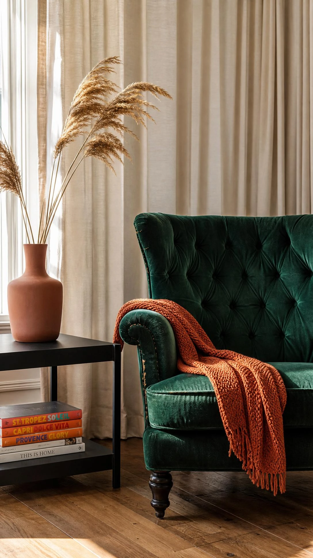 Emerald green tufted velvet armchair paired with a sleek matte black modern side table, showing how vintage and contemporary pieces create eclectic luxury in a living room corner