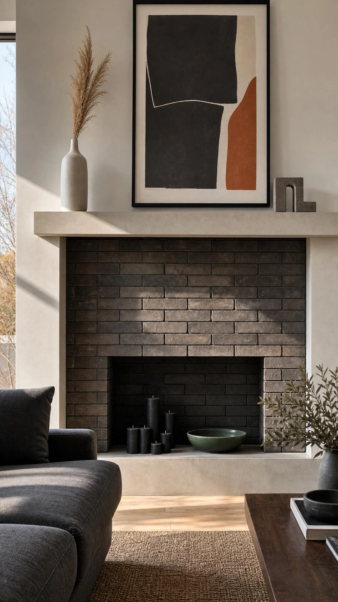 Modern minimalist living room fireplace with exposed charcoal and sandy brick in running bond pattern, clean tight mortar lines creating a designer-styled focal point