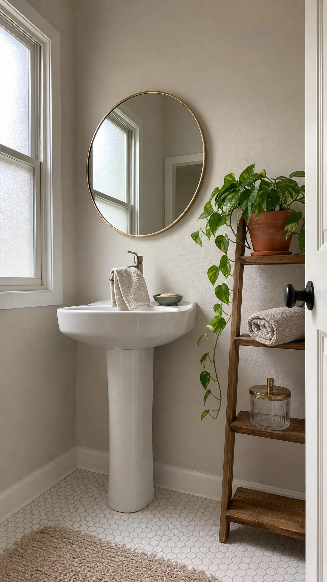 Small bathroom with freshly painted warm white greige walls in moisture-resistant matte finish, bathed in soft natural light from a frosted window