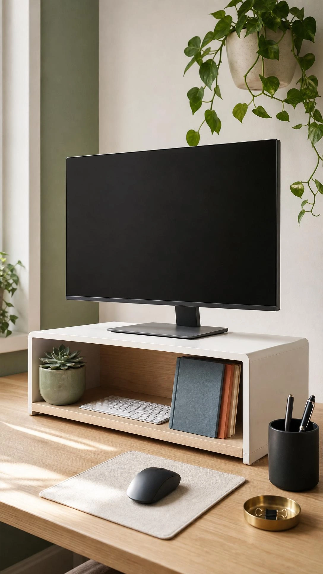 White monitor riser on a light wood desk with open shelf storage holding a succulent and wireless accessories, maximizing home office desk space