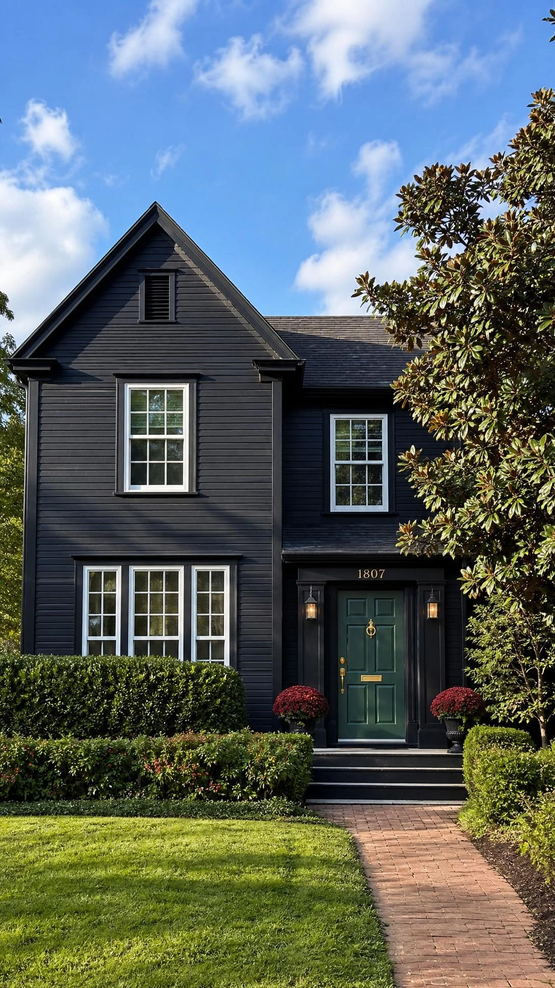 Dramatic charcoal exterior home makeover showing full facade repainted in deep moody almost-black with cool undertones, transforming a once-light house into a bold standout