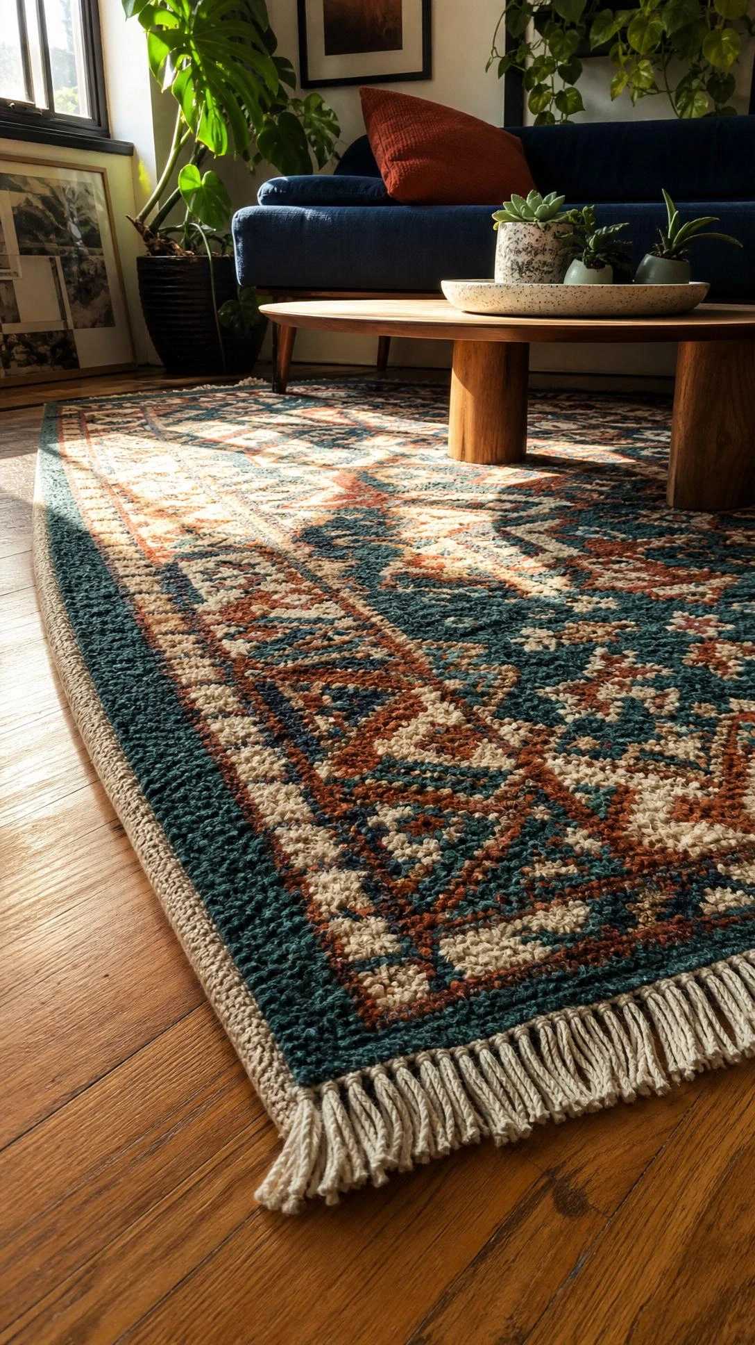 Large area rug repositioned diagonally under a low wooden coffee table, revealing hardwood floor beneath — showing how rug placement transforms a living room without buying anything new