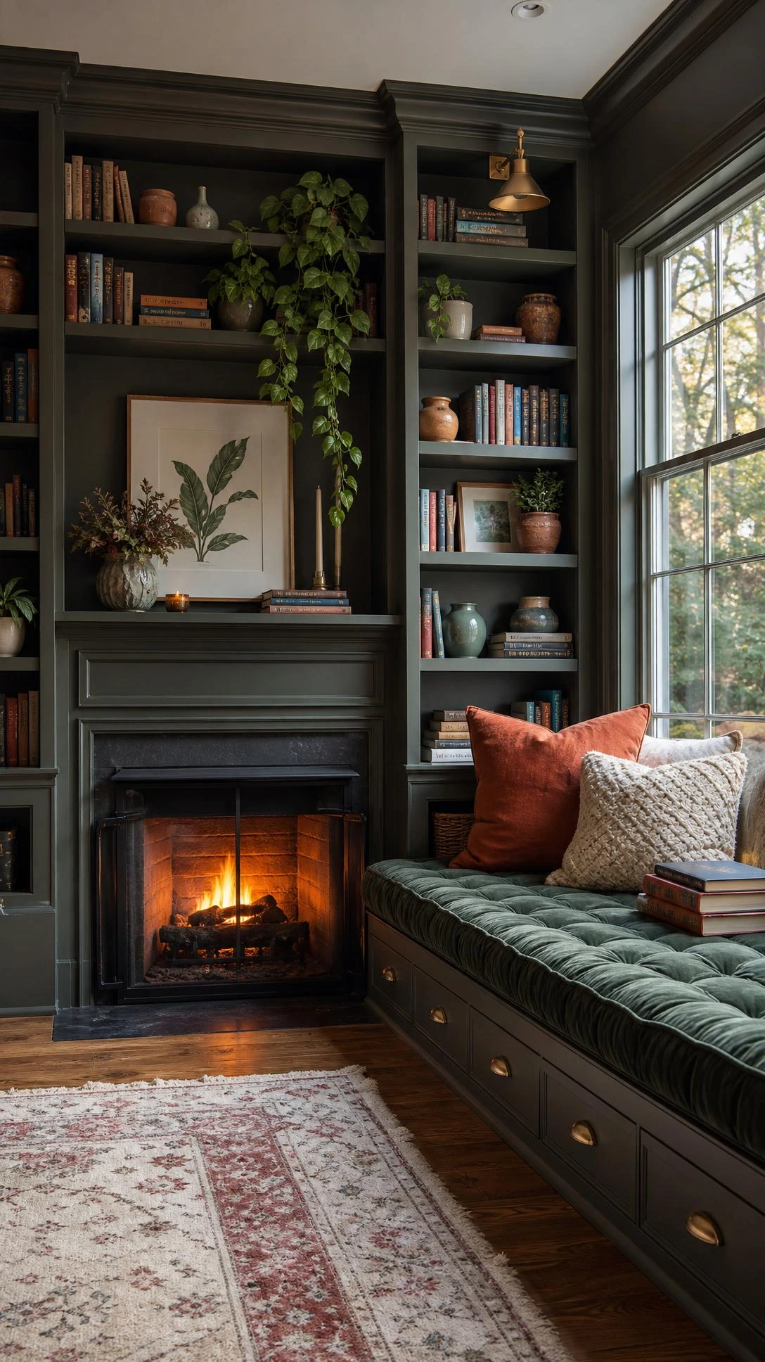 Floor-to-ceiling built-in bookcases flank a fireplace and extend into a deep sage green tufted window seat, maximizing storage and seating in one cohesive built-in design