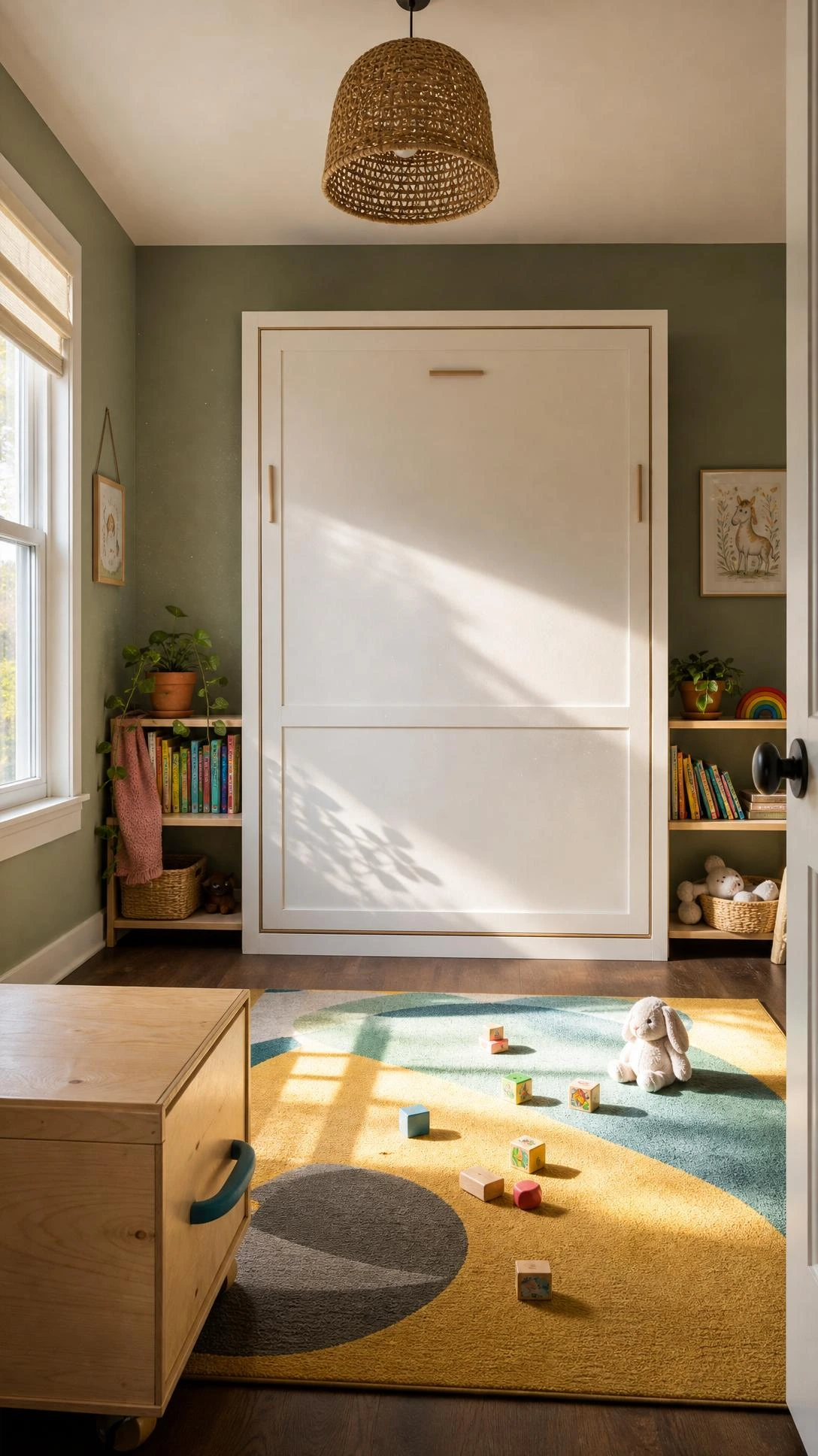 Closed white Murphy bed with wood trim mounted flush on sage green wall, freeing up open floor space in a small kids' bedroom