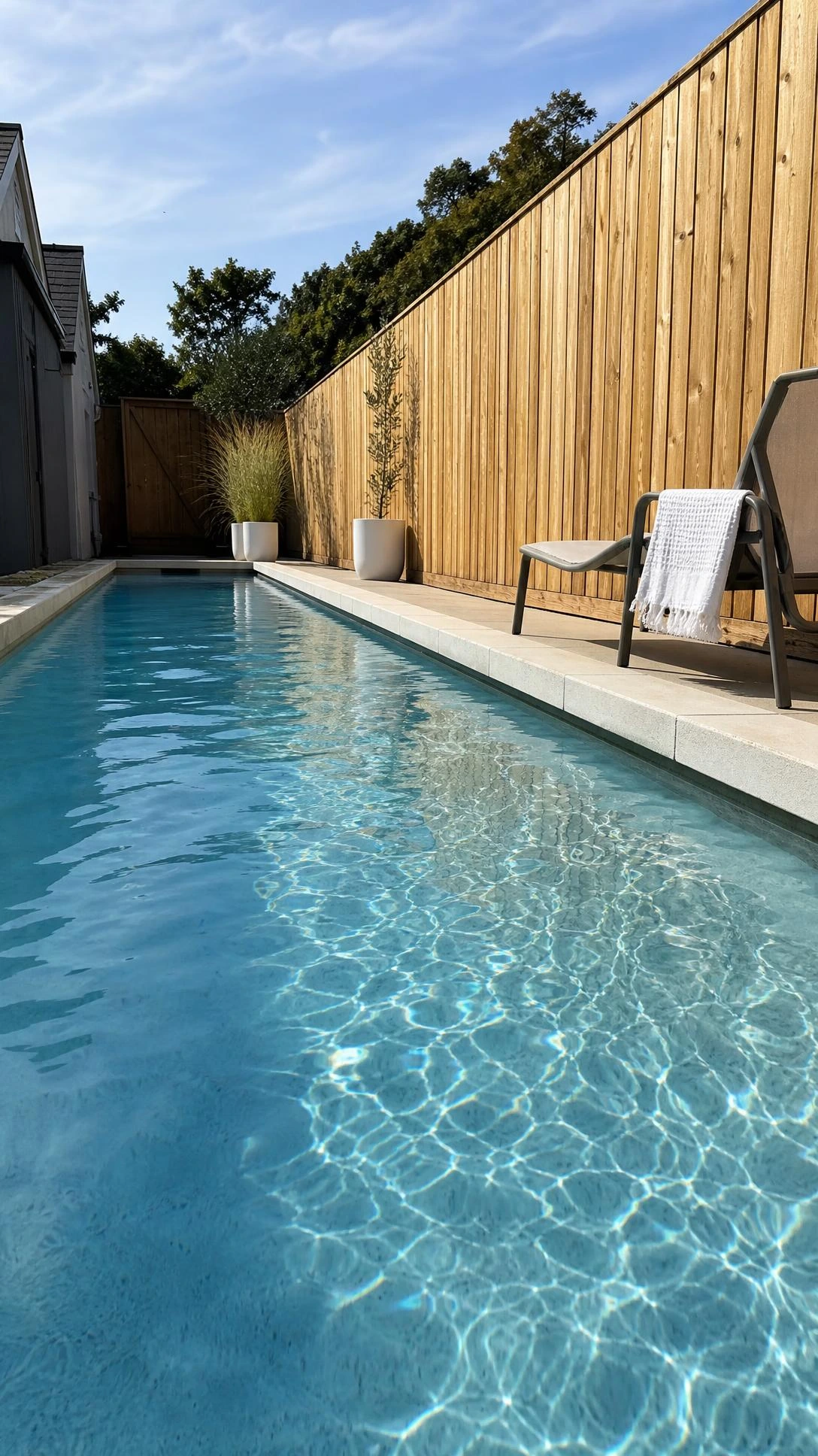 Narrow lap pool running parallel to a wooden fence in a compact backyard, maximizing limited space with a sleek linear design