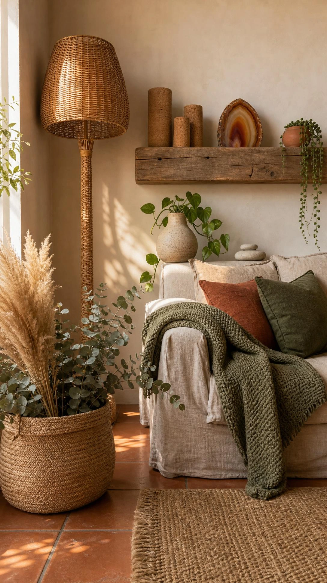 Living room corner with jute basket, pampas grass, and raw linen accents on terracotta tile floor showcasing natural material interior design