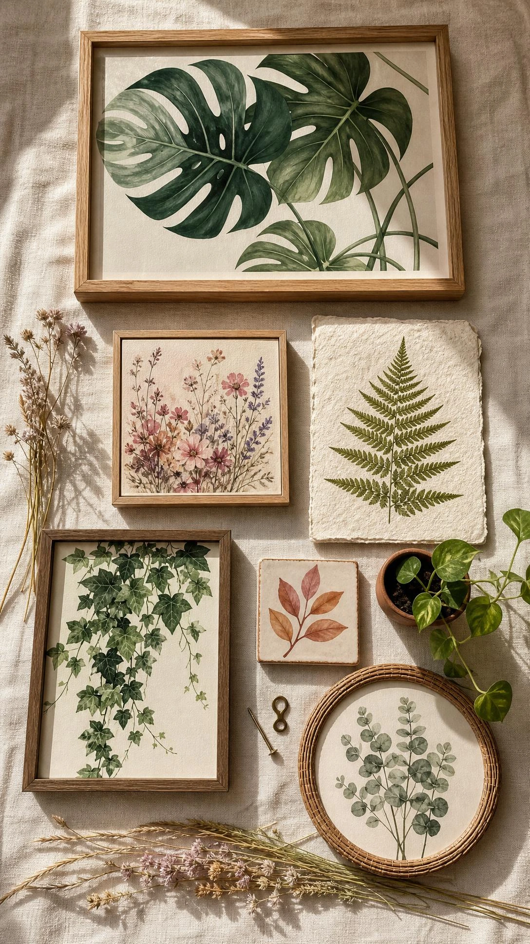 Flat lay of a curated nature-inspired wall art gallery arrangement on linen, featuring botanical prints in forest green and soft sage ready to hang