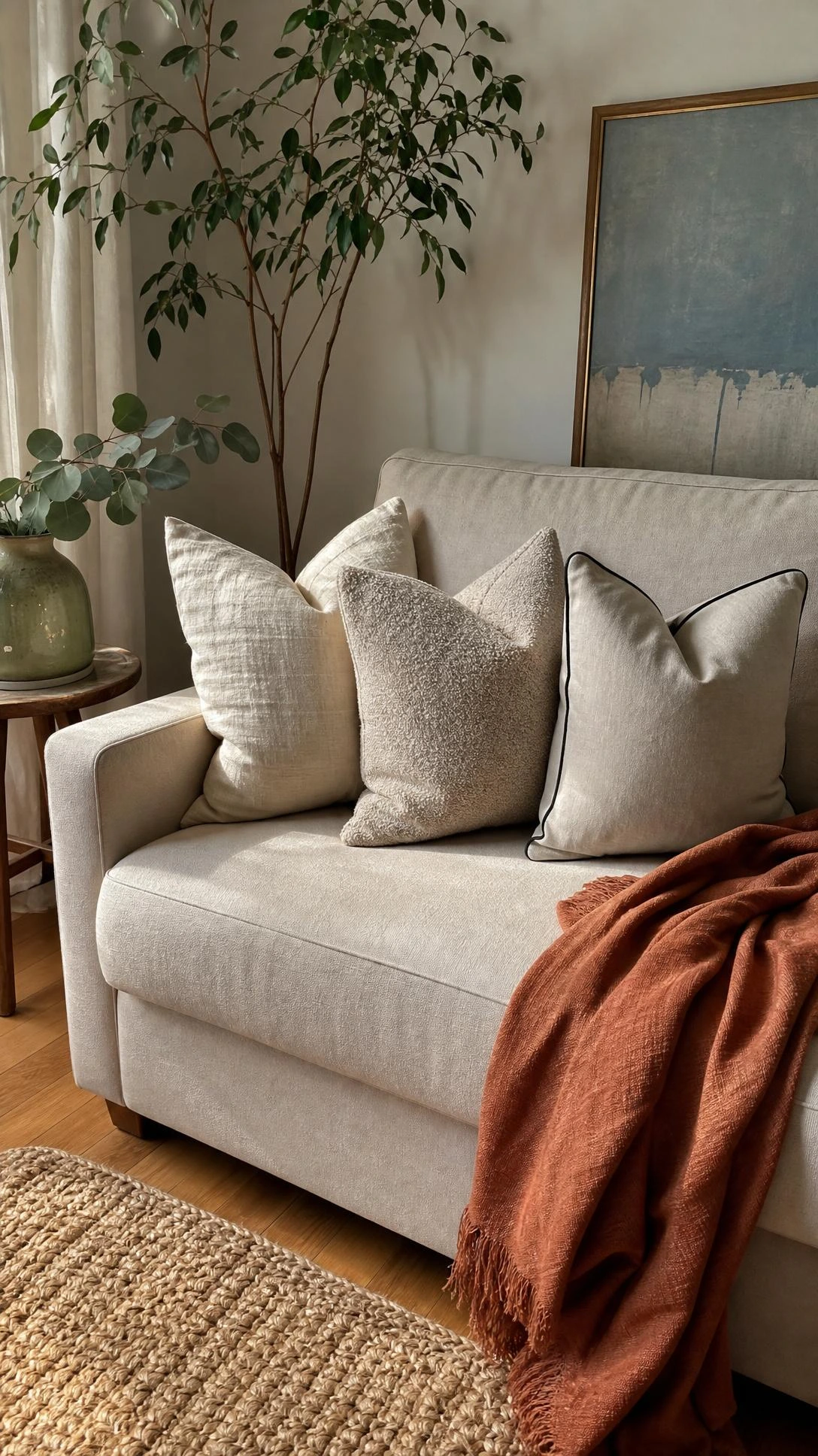 Neutral pillow covers in ivory linen, oatmeal bouclé, and greige cotton with black piping elevate a compact linen sofa.