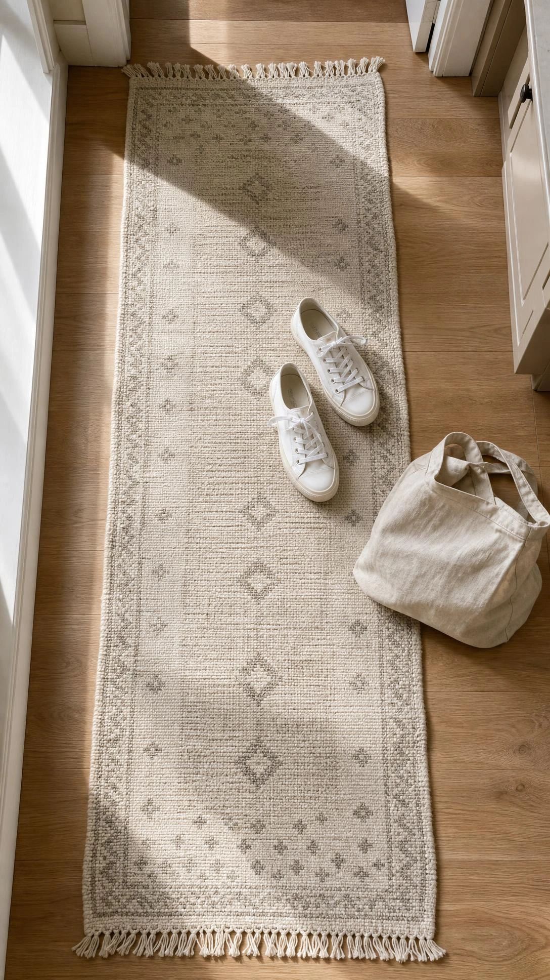 Overhead flat lay of a soft ivory and warm greige cotton runner rug on light oak hardwood flooring at a kitchen entryway, showing subtle woven texture