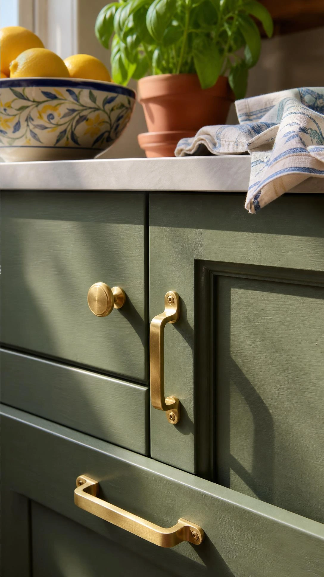 New cabinet hardware in brushed brass updates sage-green kitchen drawers, catching warm light for a budget-luxe look