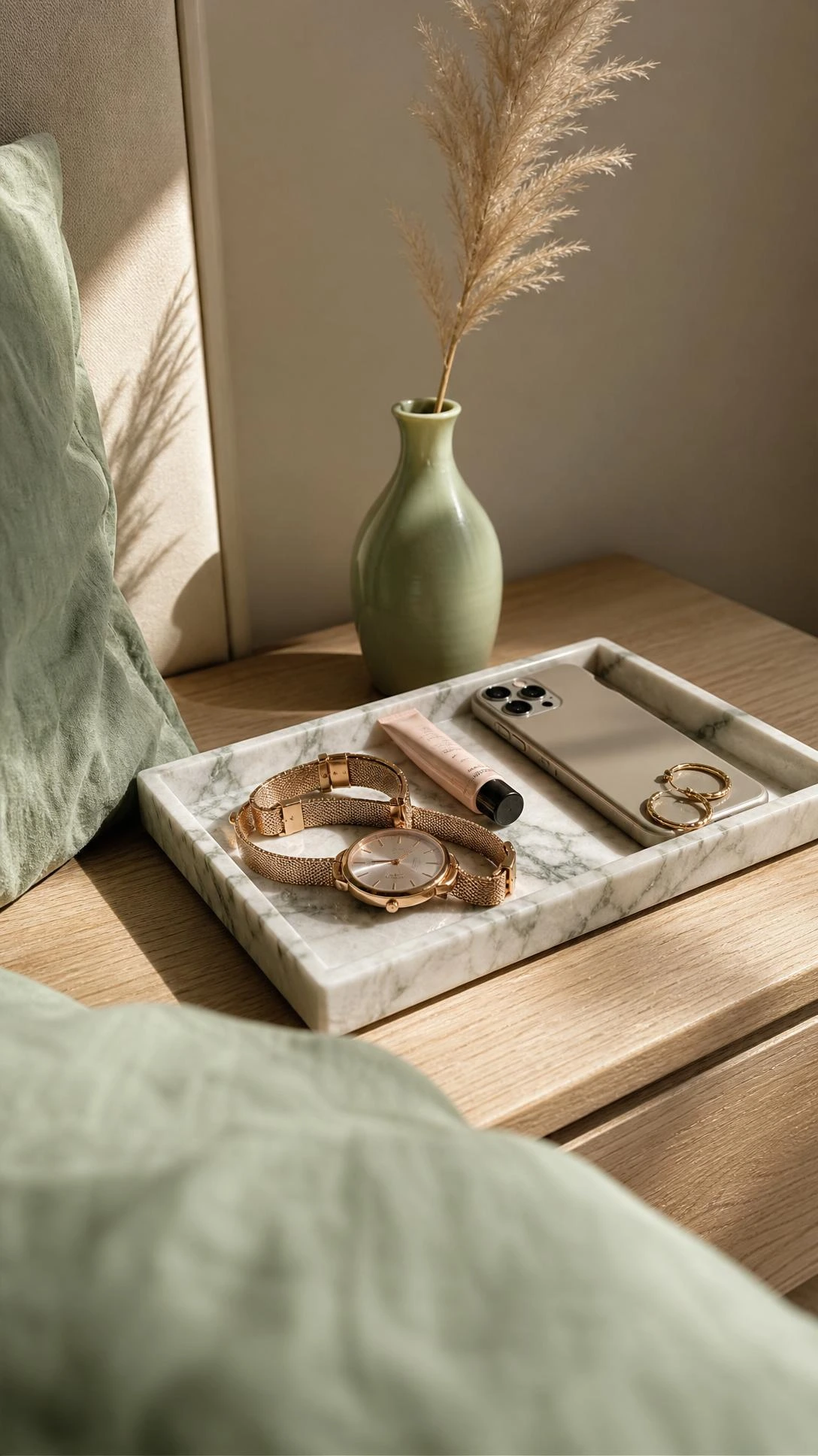 Marble-patterned tray on light wood nightstand organizing a rose gold watch, hand cream, phone, and gold earrings beside sage green bedding