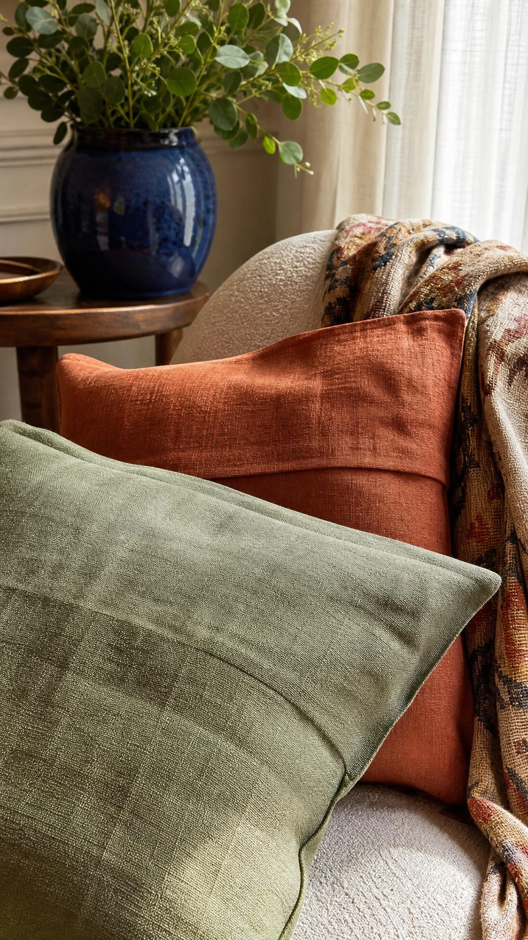 No sew linen pillow covers in sage and terracotta on a thrifted reading chair, showing woven texture and folded backs