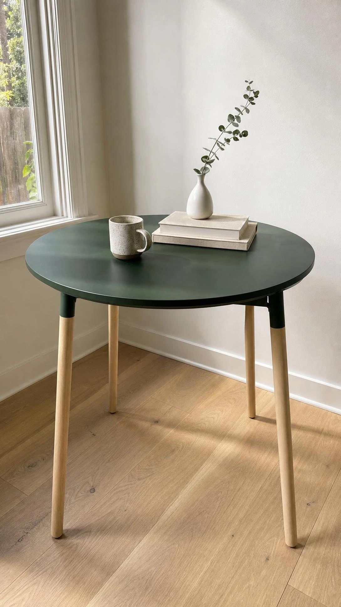 IKEA NORRAKER bistro table with a two-tone finish — deep matte forest green tabletop contrasting natural birch legs, styled in a sunlit dining nook