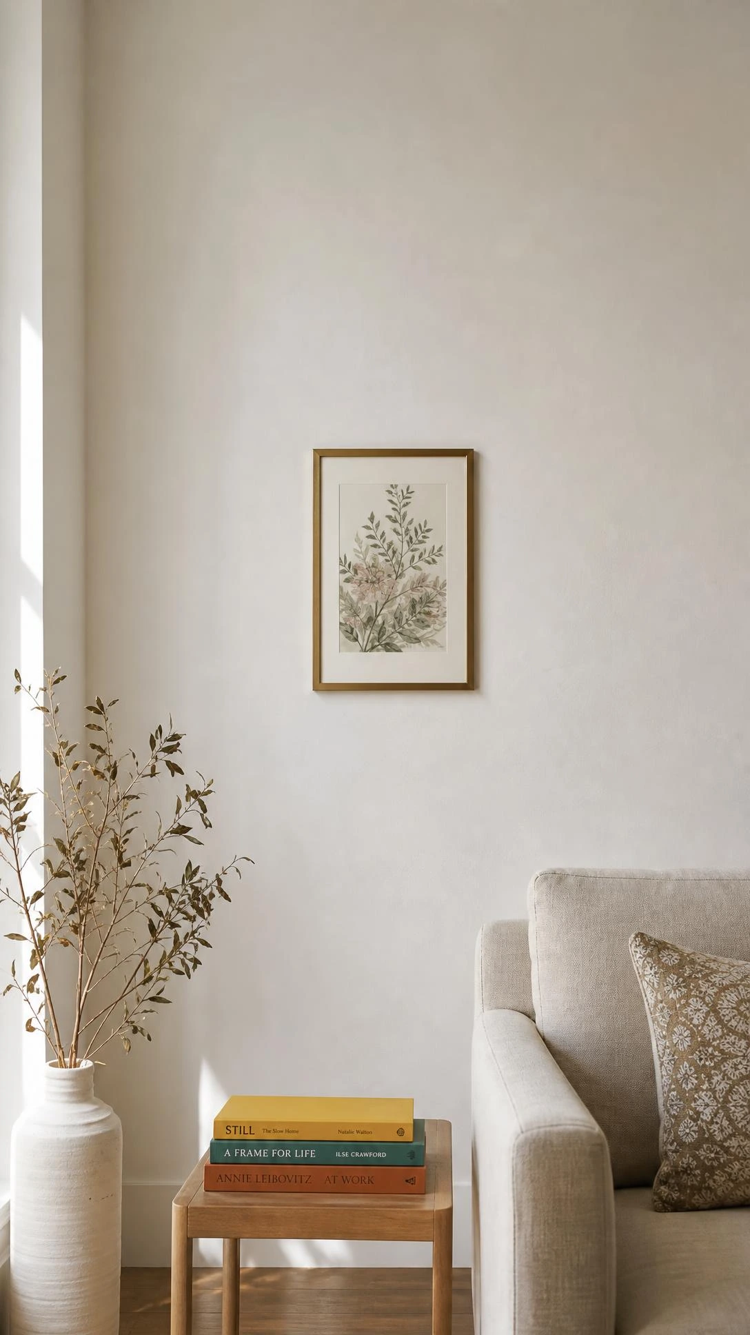 Single framed art hung dead center on a pale wall looks isolated, contrasted with a balanced gallery arrangement showing proper art placement principles