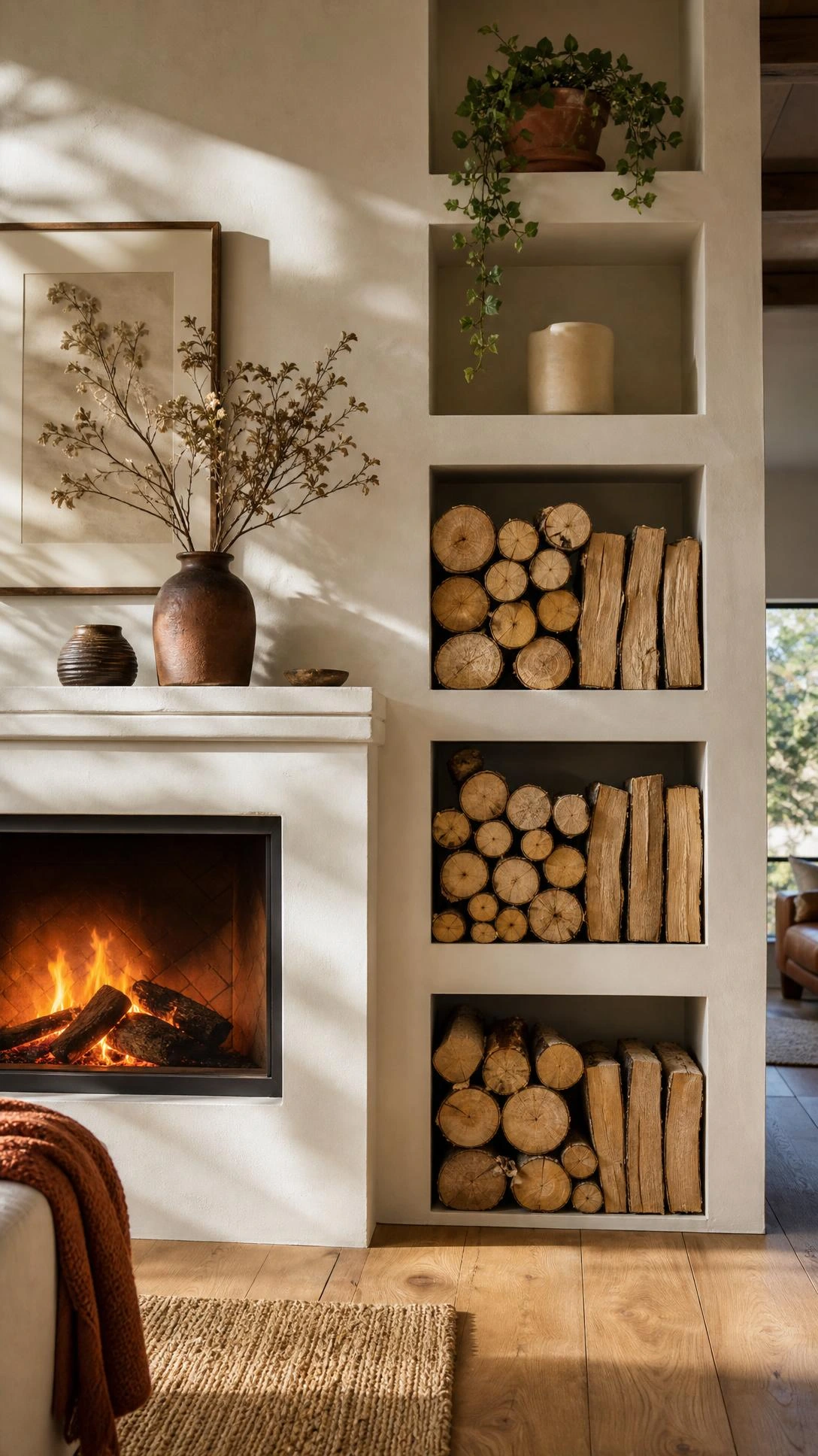 Open shadow box shelves built into a fireplace wall hold stacked firewood, blending smart storage with a cozy living room design