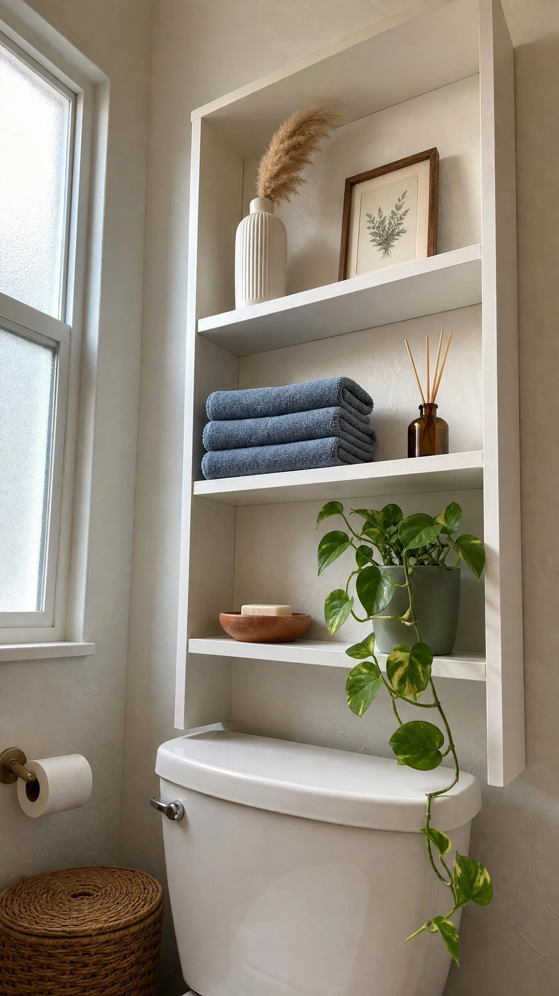 Narrow white open shelving unit mounted above a toilet, styled with a terracotta soap dish and trailing pothos plant to maximize small bathroom storage