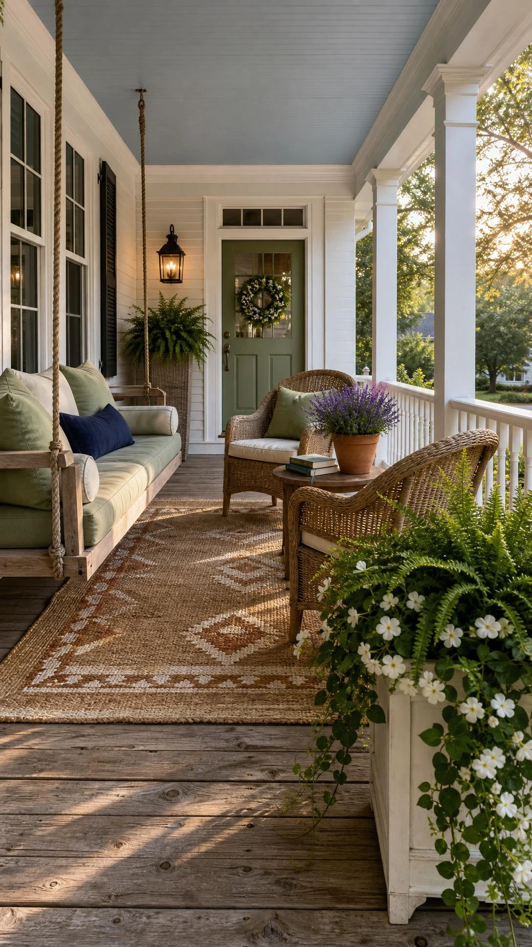 Refreshed front porch with white painted columns, blue-gray beadboard ceiling, and hanging wooden swing in warm afternoon light