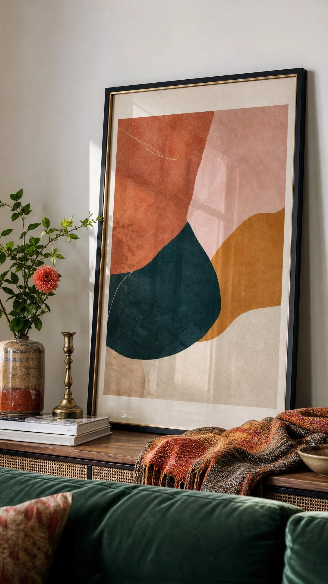 Oversized framed art in a black-and-brass metal frame leans over a console, adding affordable luxury color.