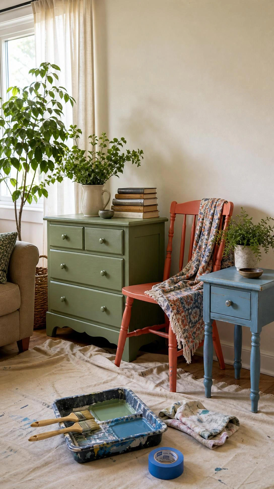 Freshly painted thrifted dresser, chair, and side table on a drop cloth show home ideas on a budget with cohesive color