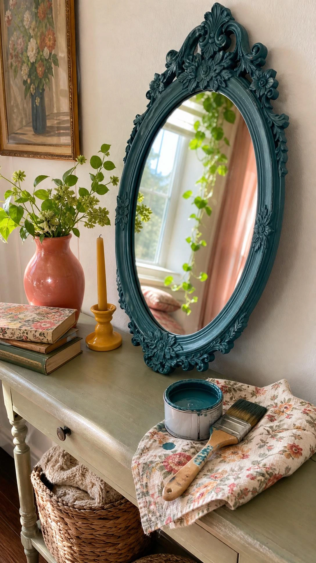 Painted thrift store mirror with dusty teal floral frame leaning on a slim console in a cozy budget DIY corner