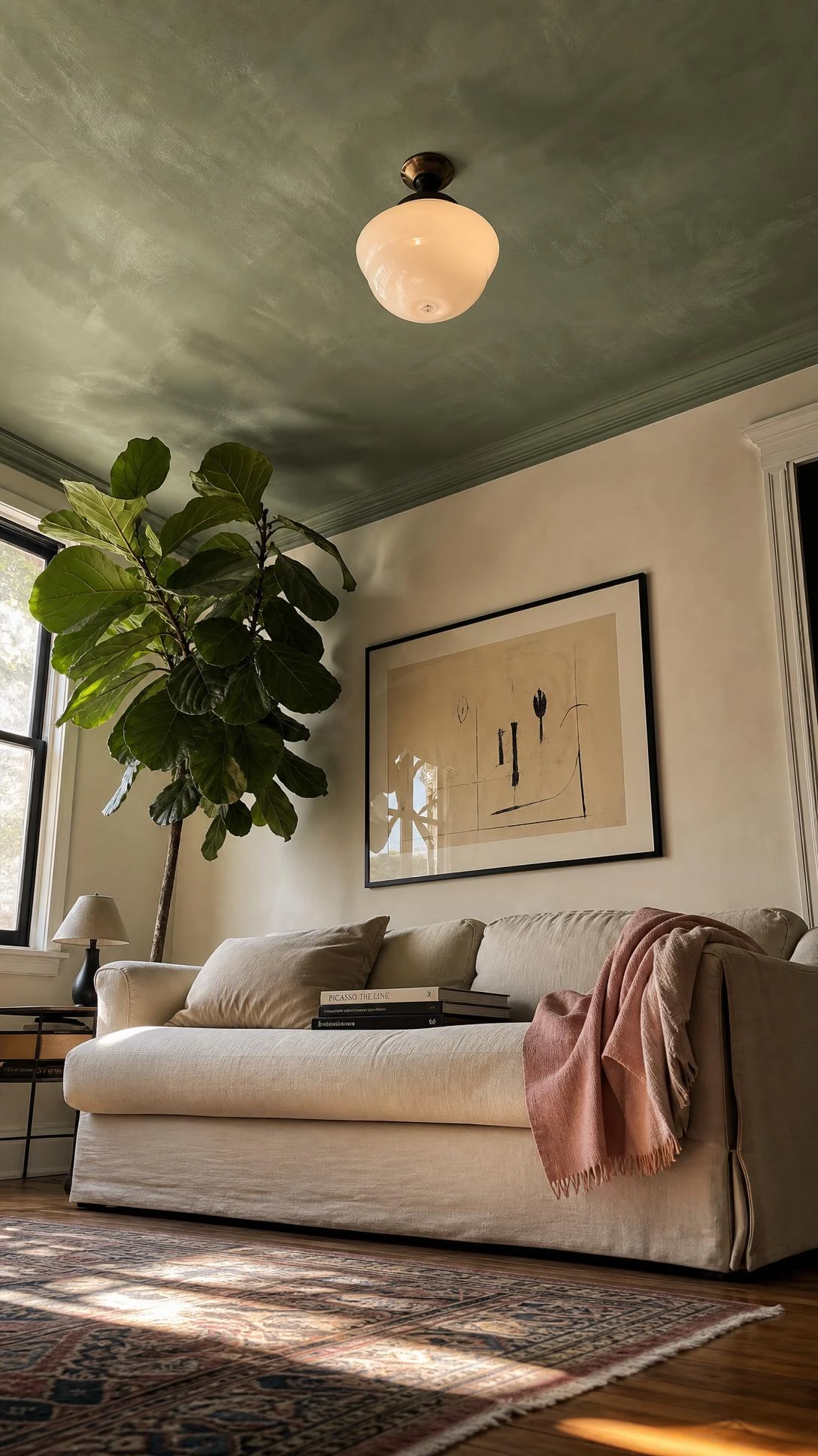 Dusty sage green painted ceiling in a stylish living room, showing how ceiling color transforms a space beyond the default flat white