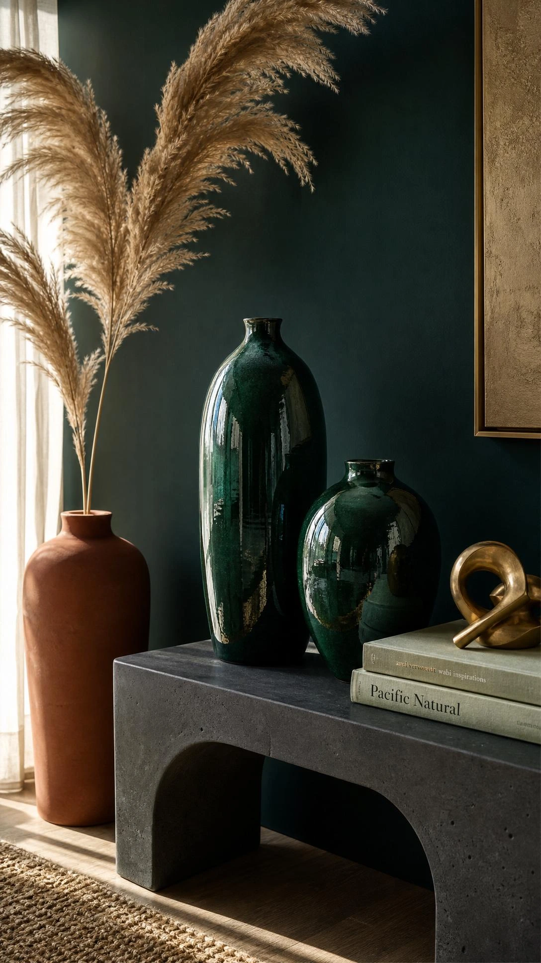 Luxury living room console styled with charcoal matte concrete table and high-gloss accents, showing how contrasting surface finishes create visual depth