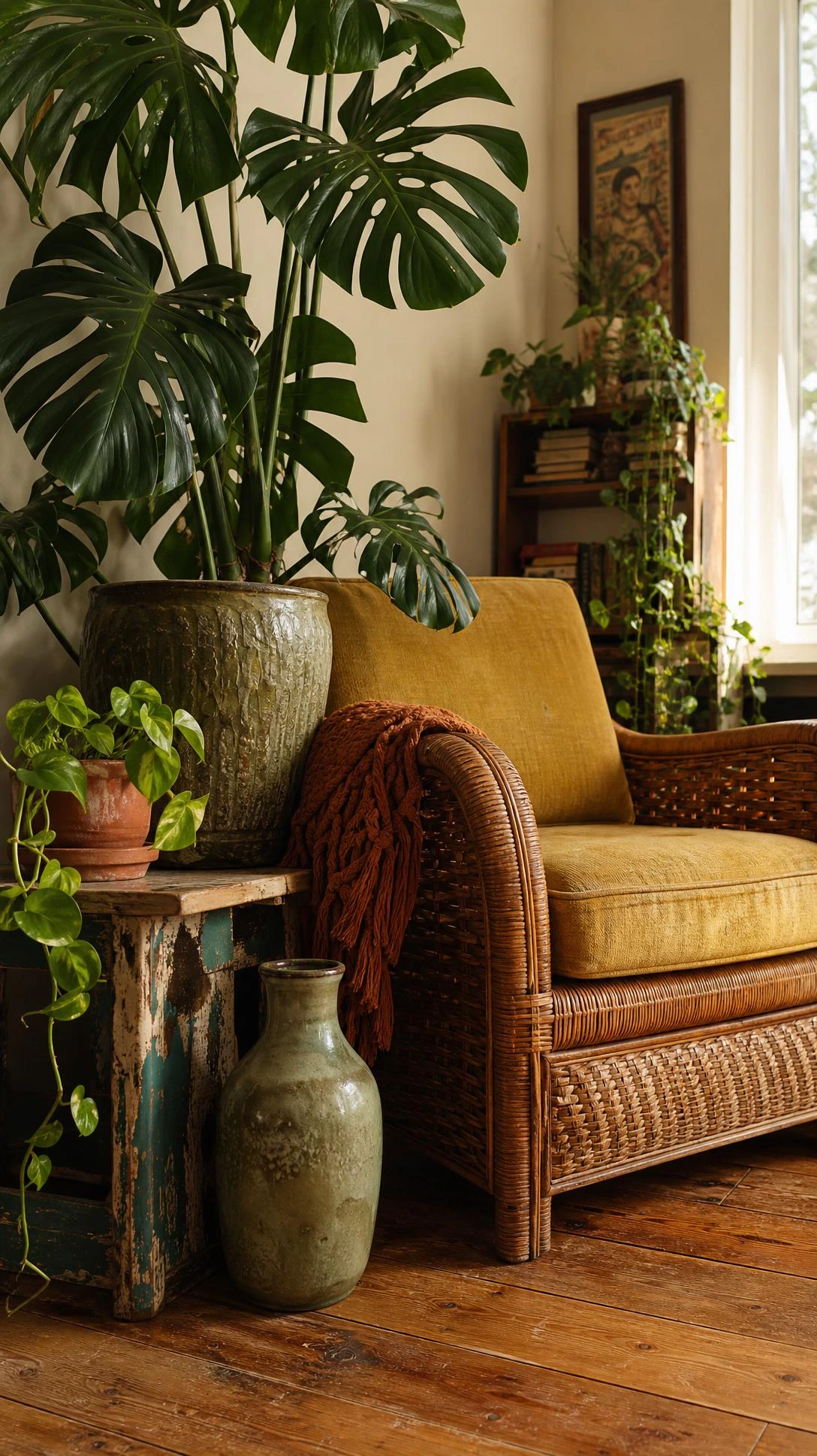 Chunky rattan armchair with faded mustard cushions surrounded by lush houseplants in a boho living room corner styled with thrifted furniture