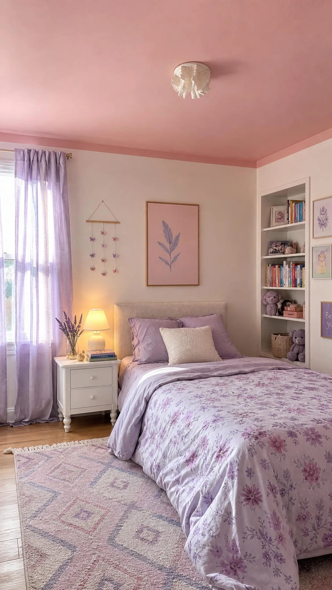 Small girl's bedroom with a pale blush-pink painted ceiling creating a soft dreamy canopy effect over the entire room on a budget
