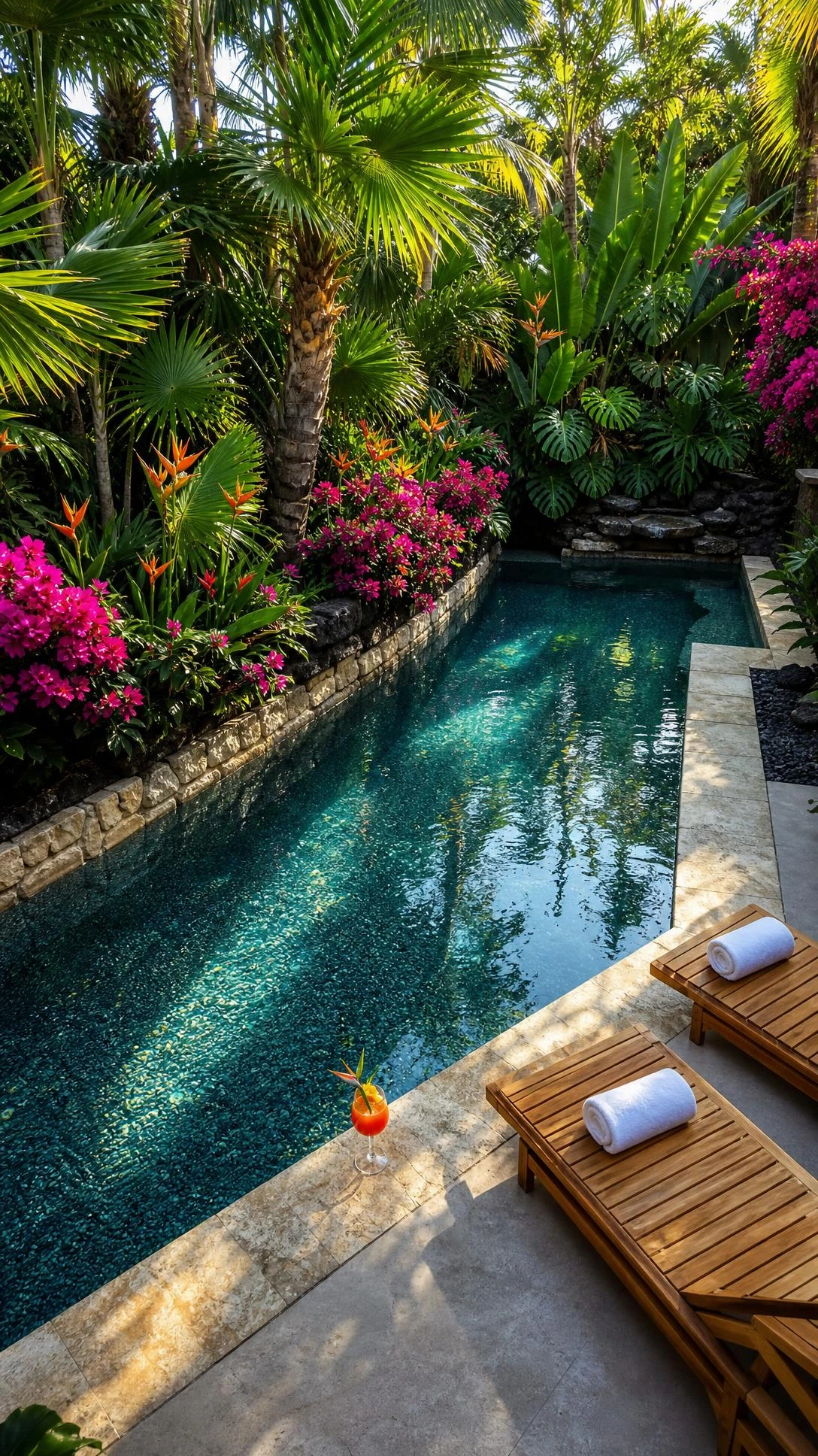 Small backyard pebble finish pool with blue-gray aggregate interior surrounded by lush tropical landscaping, showing how compact spaces can feel like a private resort