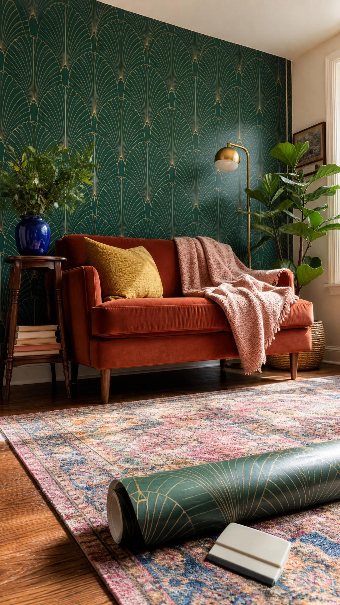 Low-angle view from a woven rug to an emerald peel-and-stick accent wall with gold Art Deco fans, elevating a tiny living room