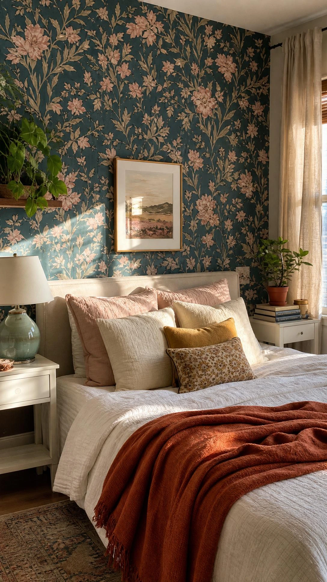 Peel and stick bedroom accent wall in deep teal and blush botanicals behind a tidy bed, showing budget DIY style