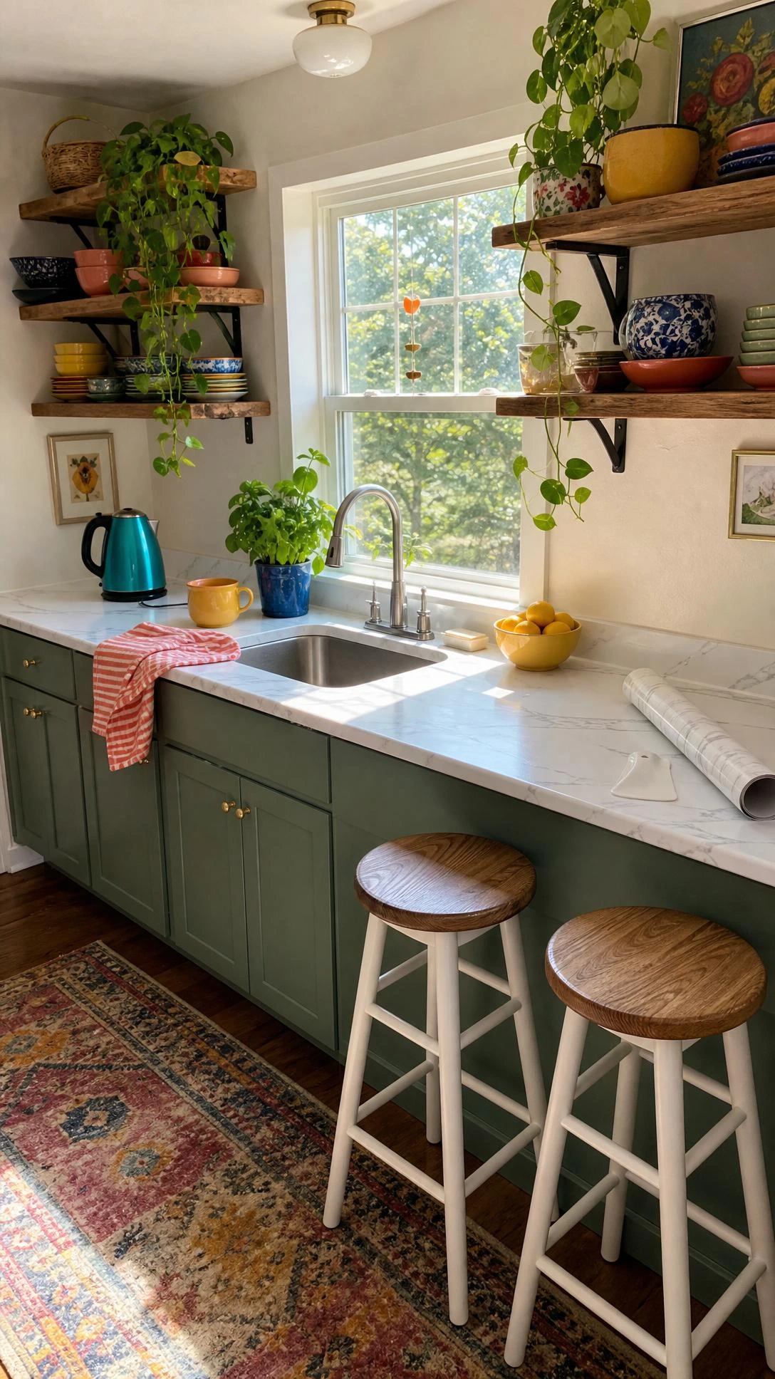 Small rental kitchen with a peel-and-stick contact paper counter in white faux marble, neatly wrapped edges and a tiny seam by the sink