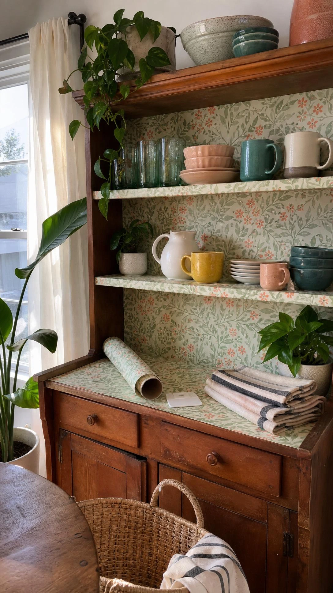 Thrifted open kitchen hutch gets a budget refresh with sage and coral peel and stick shelf paper lining shelves and backing panels
